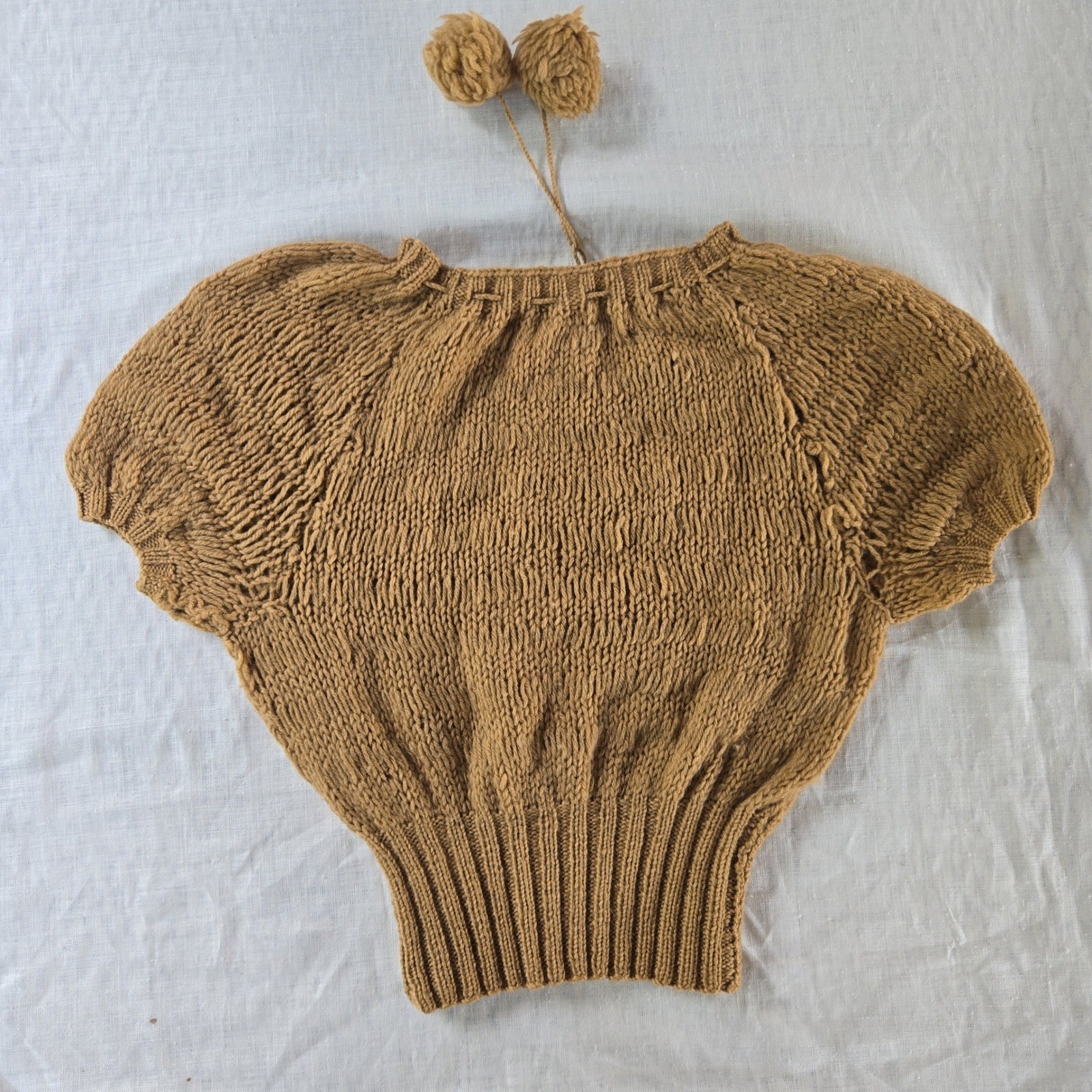 VTG Handmade Cropped Sweater Women’s S Brown Knit Pom Pom Ribbed Distressed USA