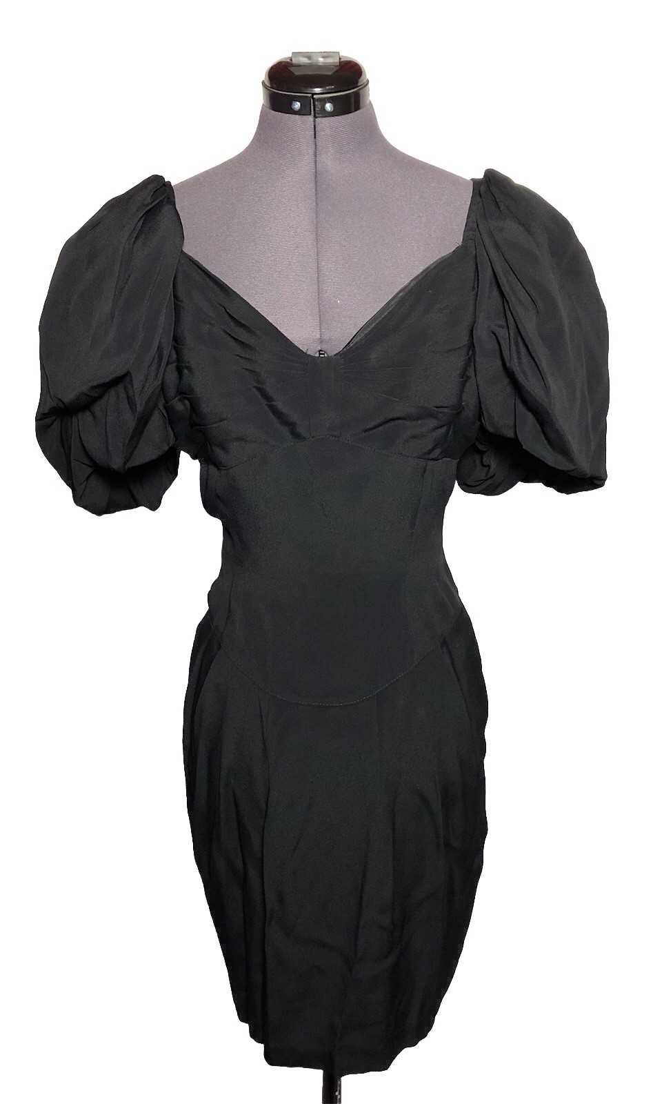 Vintage 80s Prom Dress Black Puff Sleeve Fitted Cocktail Evening Dress 35-31-38