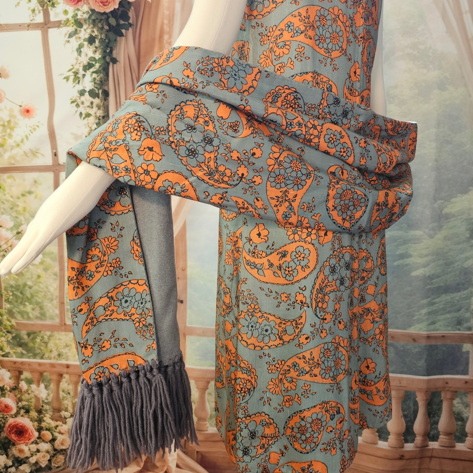 Vintage 1960s Paisley Dress Set Shift Top Blouse Fringed Shawl Grey Orange Mod