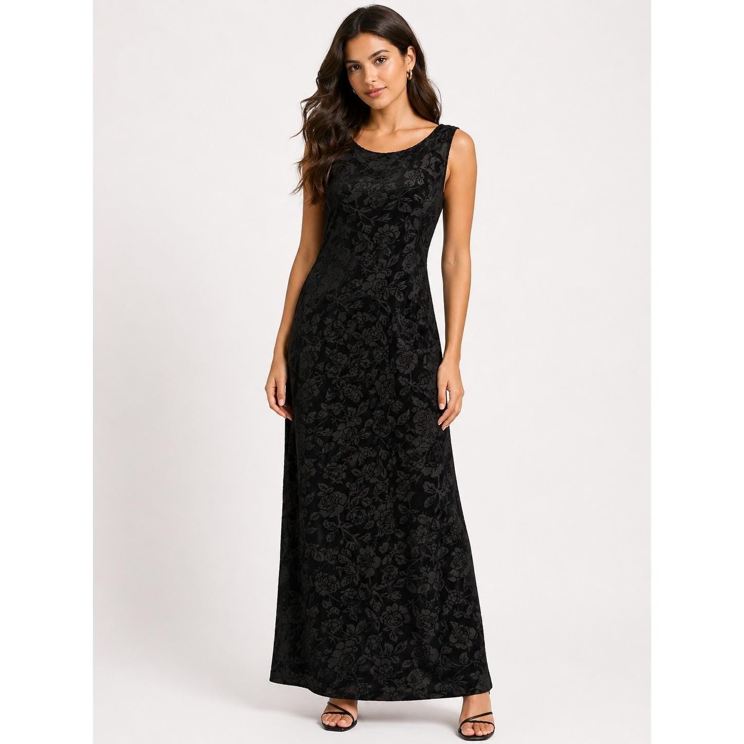 90s Carole Little Maxi Dress Whimsigoth Gothic Burnout Velvet Floral Rose Black