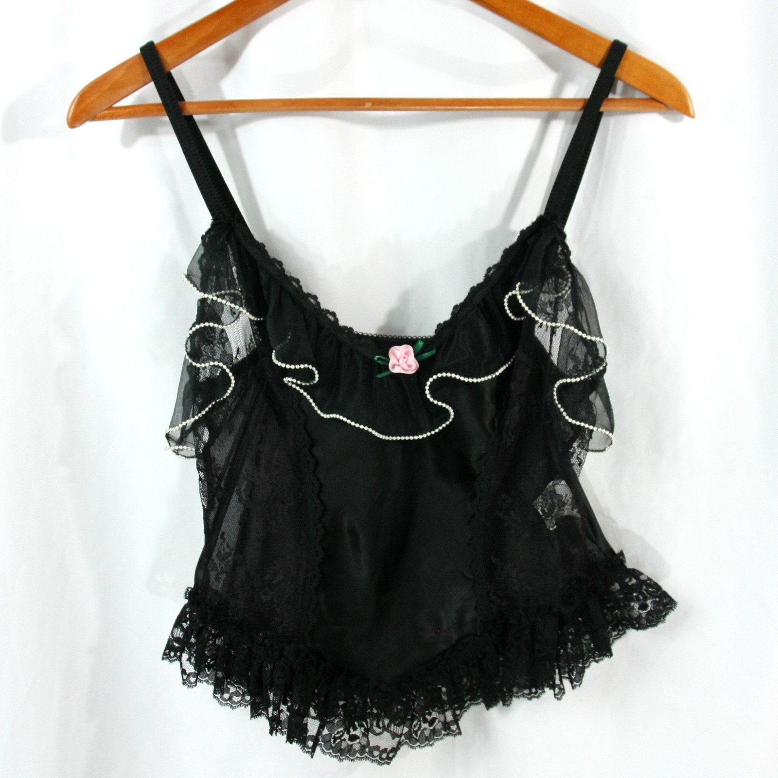 Vintage Sedu Beaded Sheer Black Lace Ruffles Satin Lingerie Teddy Camisole S