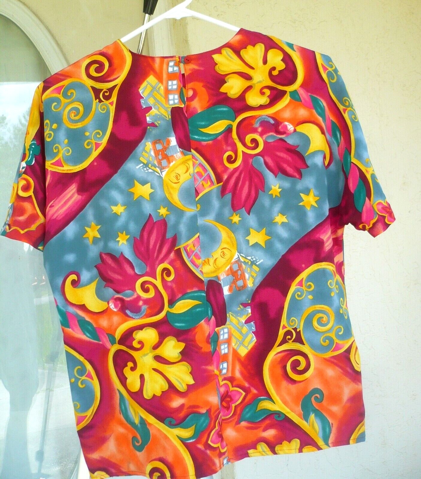 VTG 80 CAMILLE CLAUDEL P M L BRIGHT COLORFUL FLORAL BOXY MOON STARS BLOUSE WOMEN