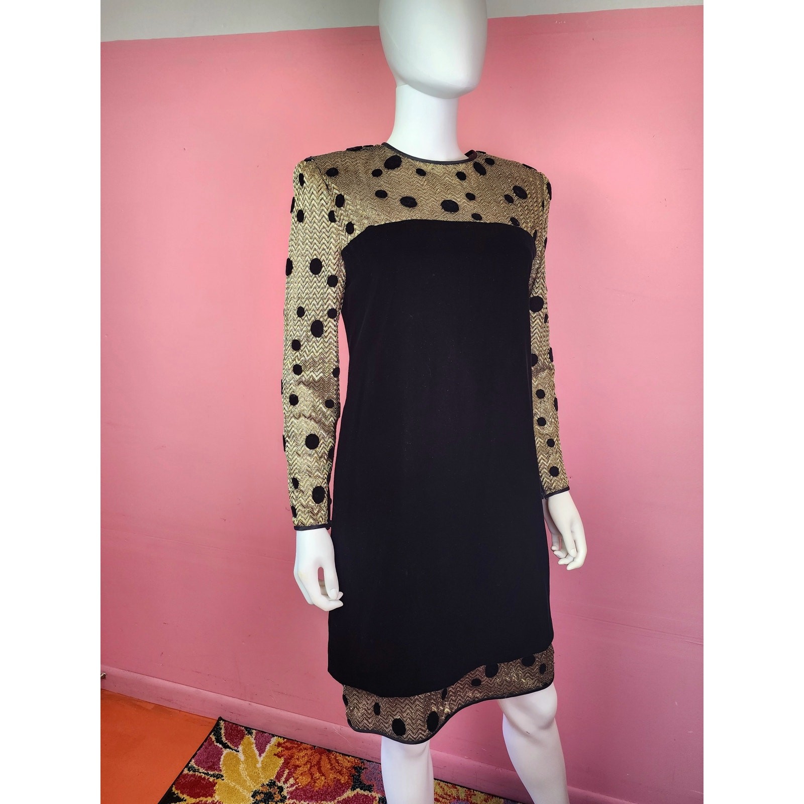Vintage 1980’s Black Velvet Metallic Gold Polka Dot Long Sleeve Cocktail Dress