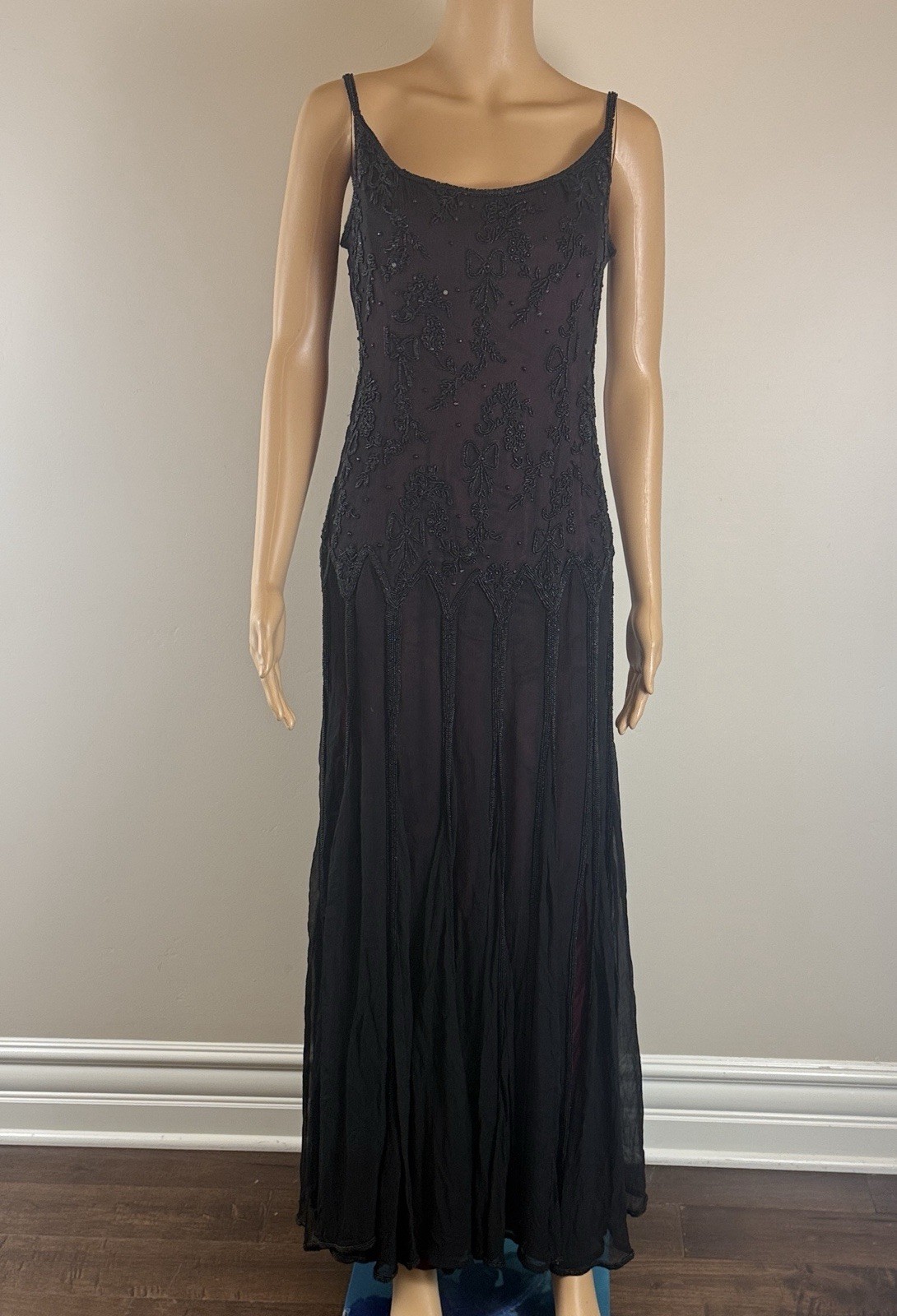 Vintage Saks Fifth Avenue Black Sheer Beaded Evening Gown S
