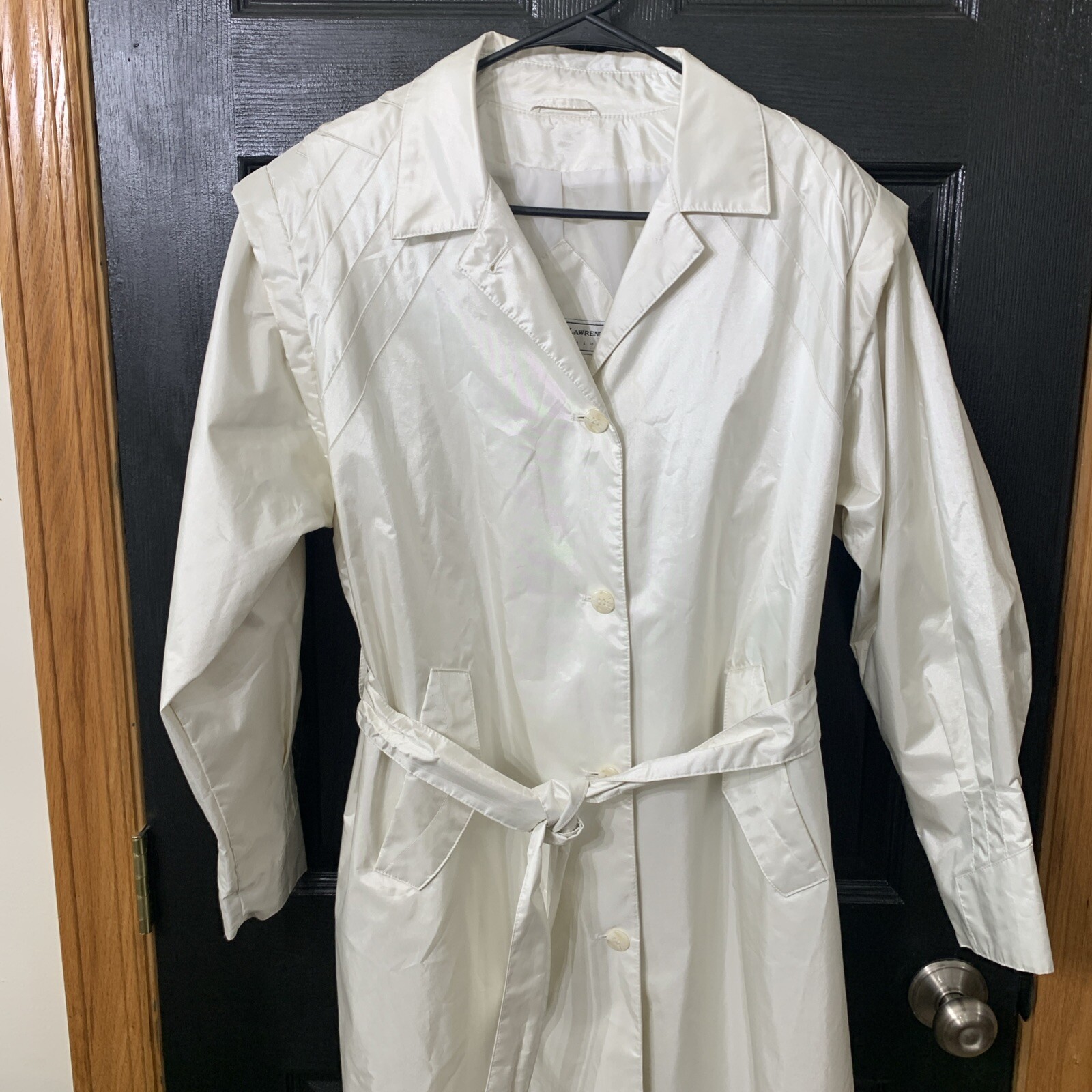 80s 90s Vintage Womens Sz M Belted Trench Rain Coat Shiny Pearl White Unique