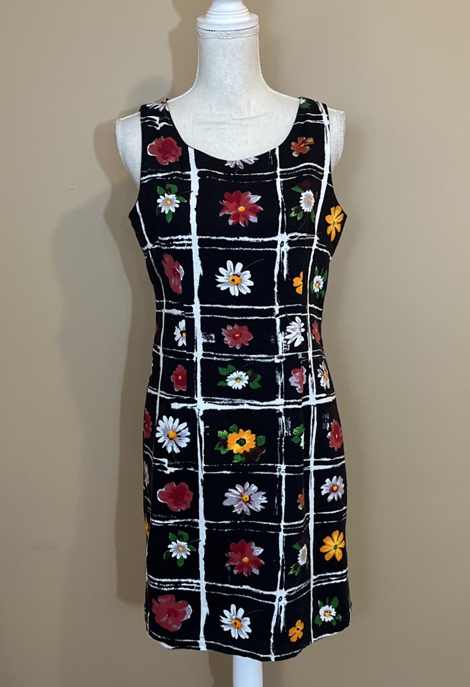 Vintage 90s Mix Nouveau Size 10 Black Floral Daisy Sleeveless Dress