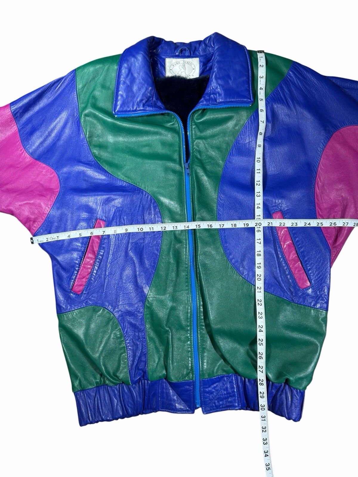 Vintage 80s Pano Sereti Color Block Leather Bomber Jacket Blue Green Pink Large