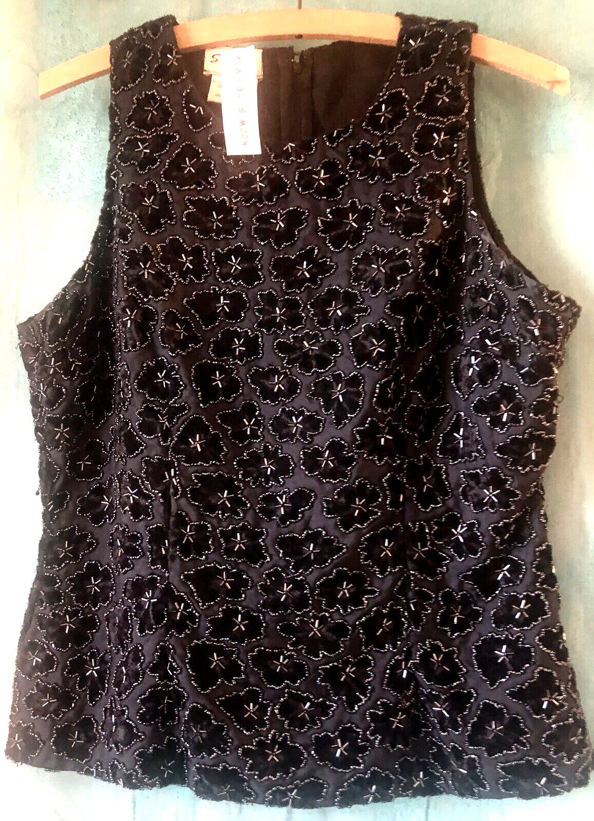 Vintage STENAY Sequin & Beaded Black Silk TOP, Sleeveless, Velvet Flowers, Sz 10
