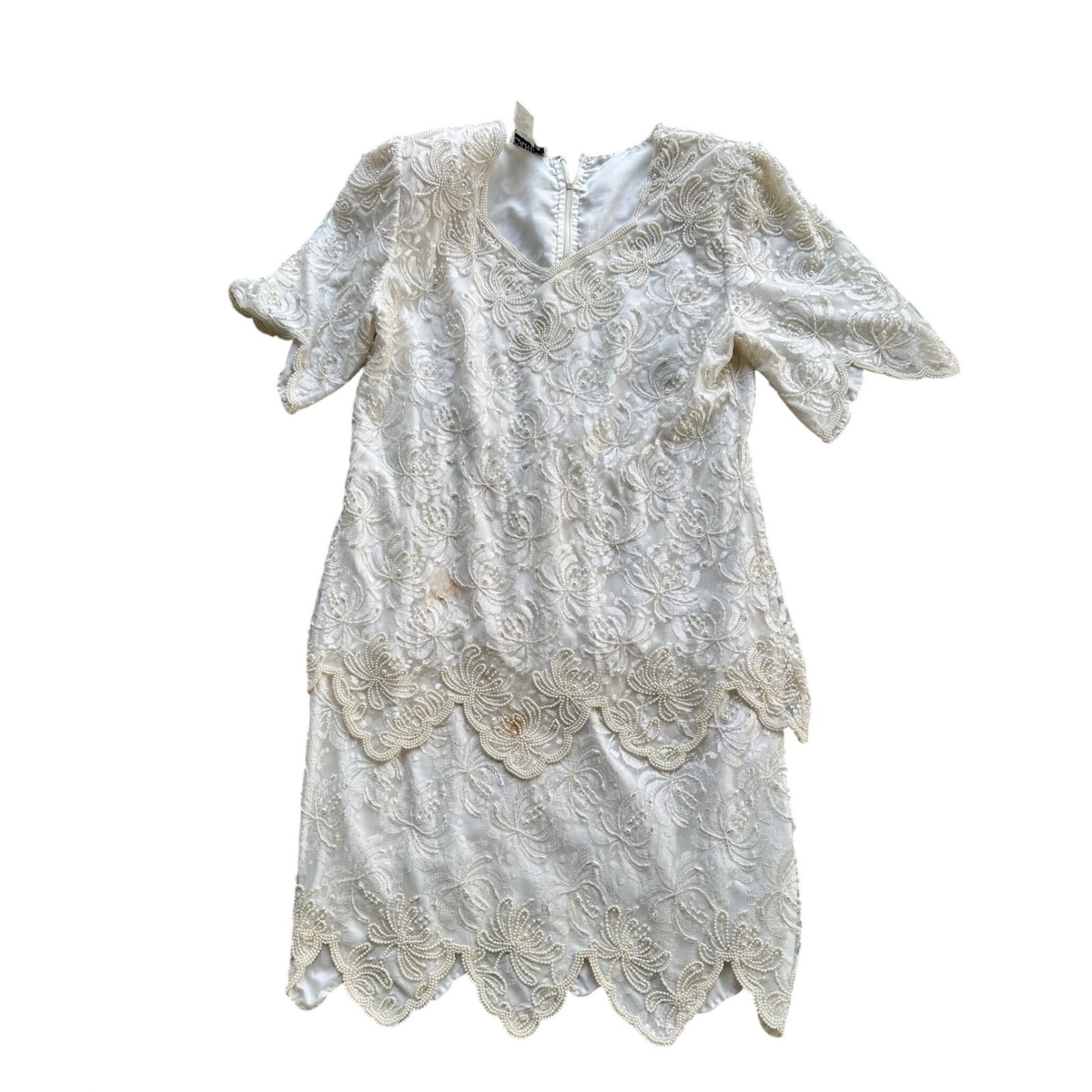 Carina by Daisy Lee Vintage Ivory Lace Pearl Beaded Scalloped Cocktail Dress