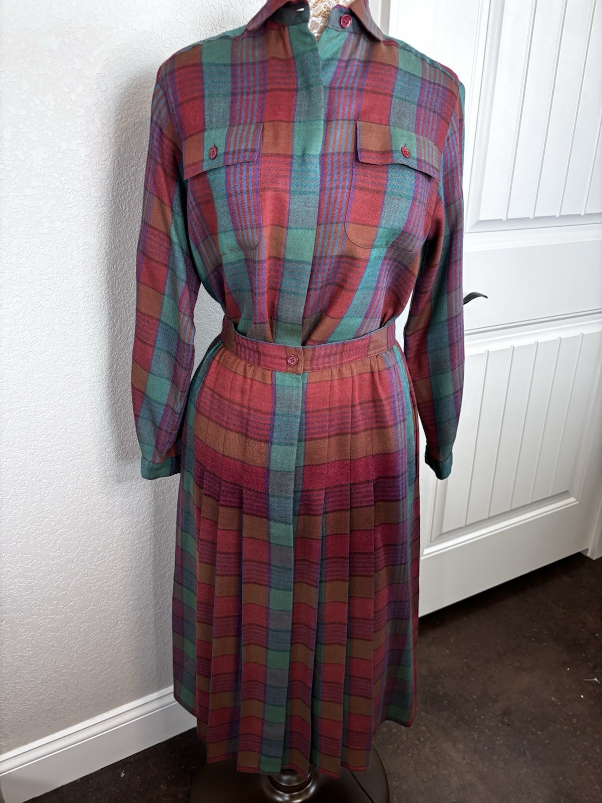 Vtg Kasper Wool Silk Blend Tartan Plaid Top & Pleated Skirt Set Top 6 Skirt 10