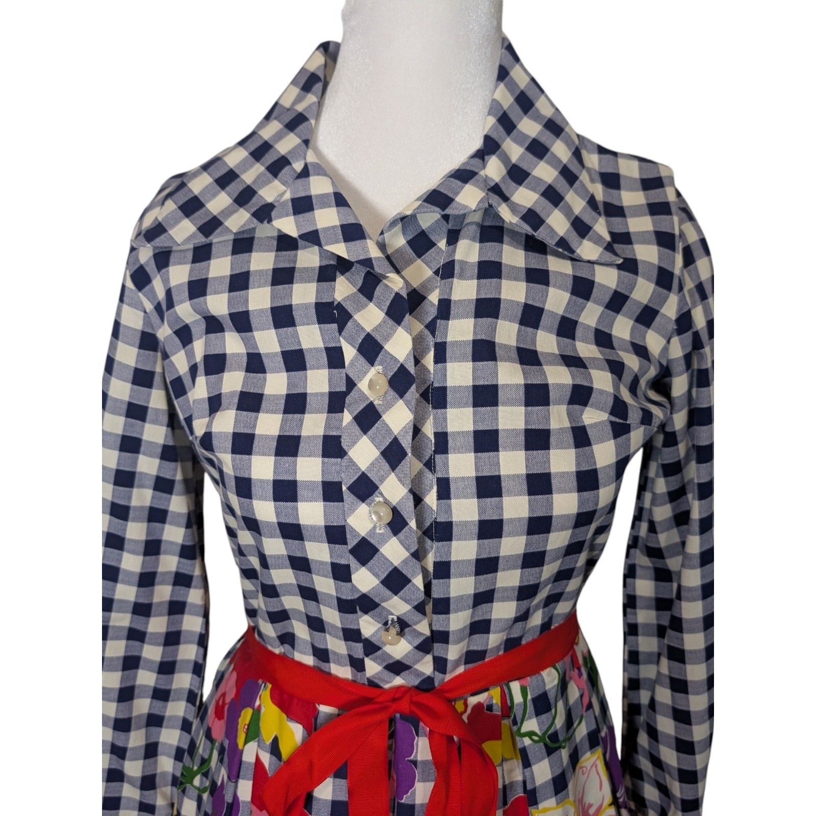 Vintage 70s Gingham Floral Maxi Shirt Dress Navy Blue White Red Belt Long Sleeve