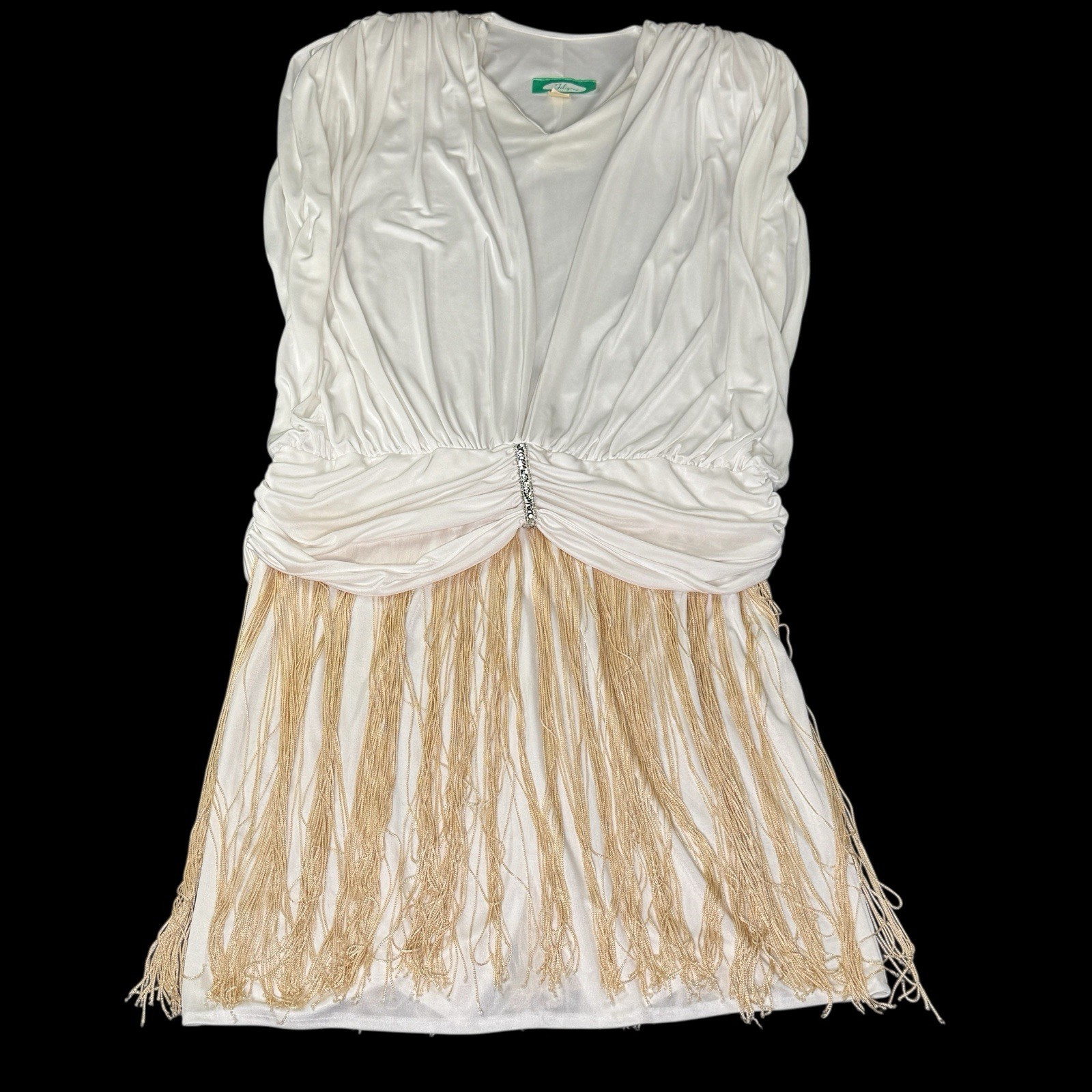 Vintage Filigree California Disco Fringe Cocktail Dress White Gold VNeck Sz 14