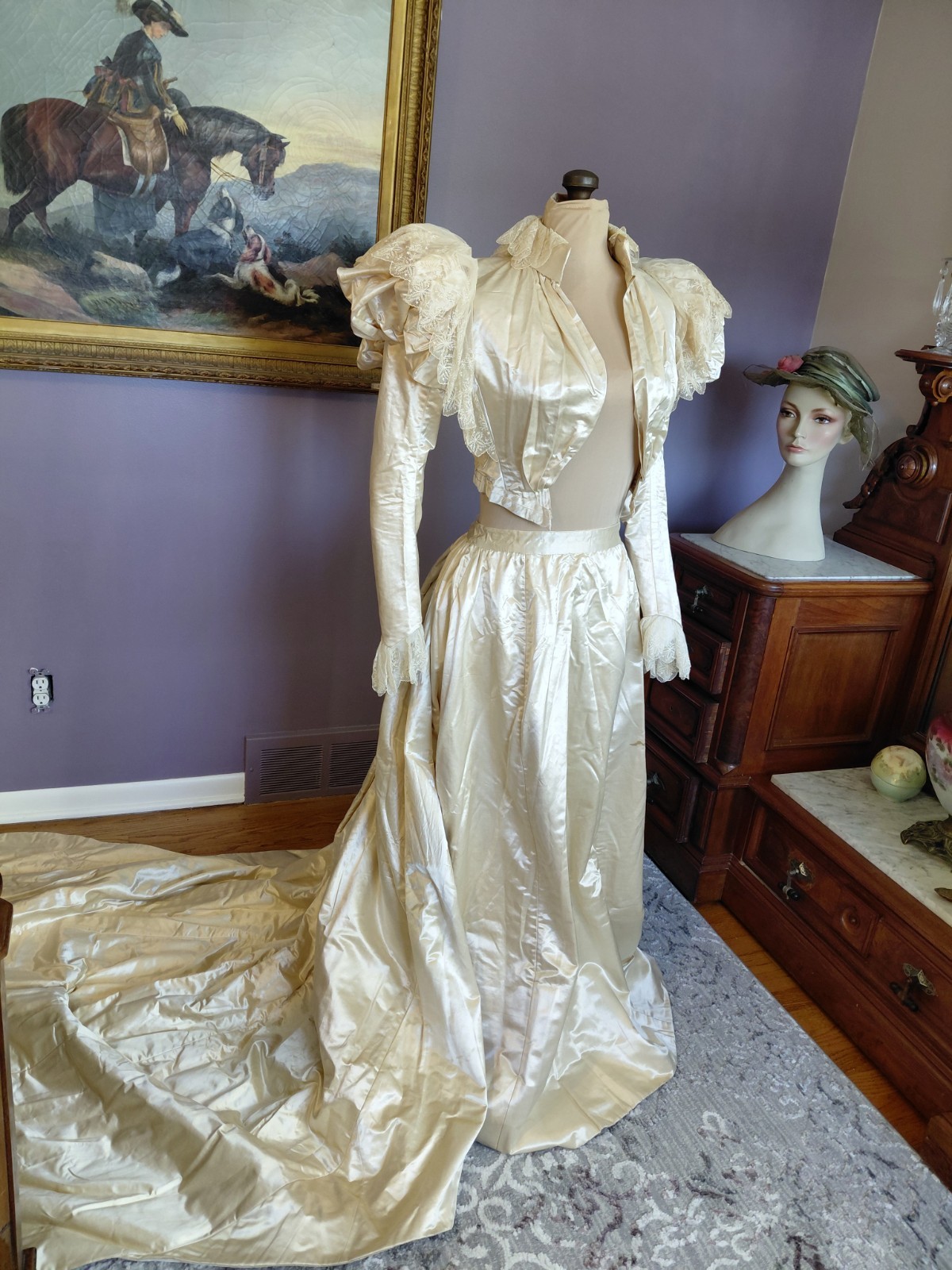 Antique 1890’s Satin & Tambour Lace Dress Wedding Ball Gown Leg O Mutton Sleeves