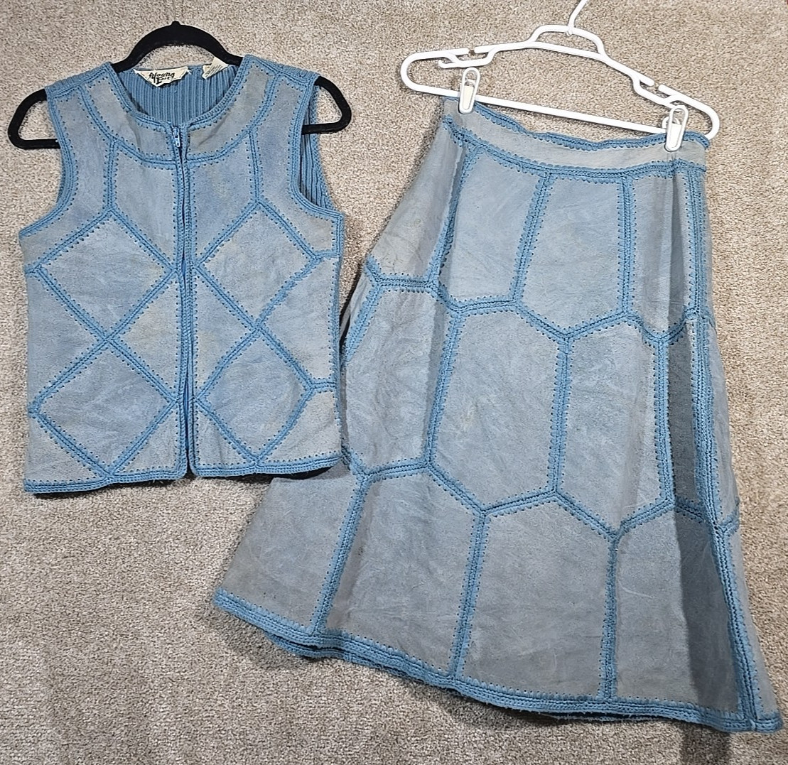 Vtg Leather Patchwork Vest/Skirt Upcycle Repair Craft Material Young East 13/14