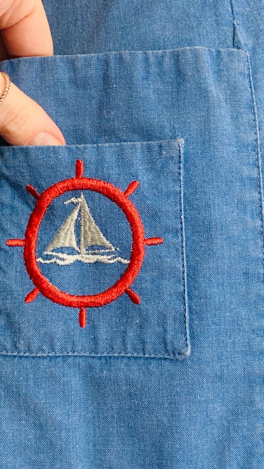 Vintage 1950s blue nautical dress, shirt cotton pin-up embroidered sailor M
