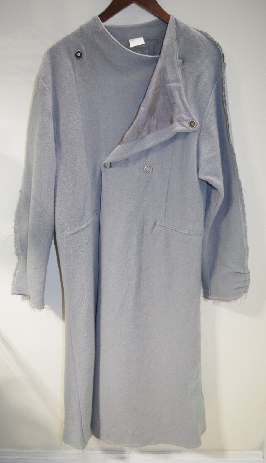 218 – J MORGAN PUETT vintage Long COAT DRESS Gray Wool Gauze SM Snaps Bee Label