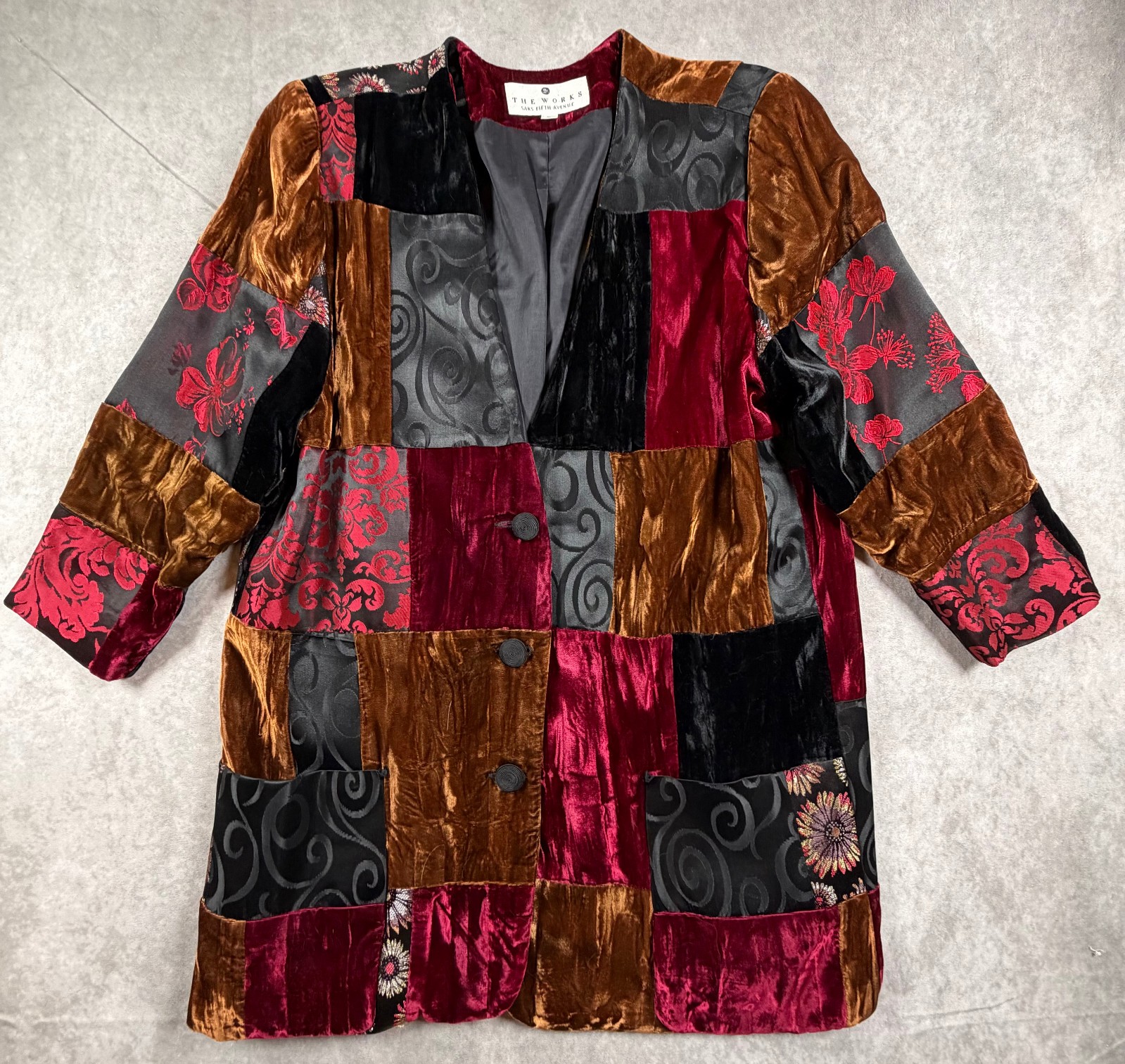 Vintage Saks Fifth Avenue Patchwork Velvet Jacket 3/4 Sleeve L USA