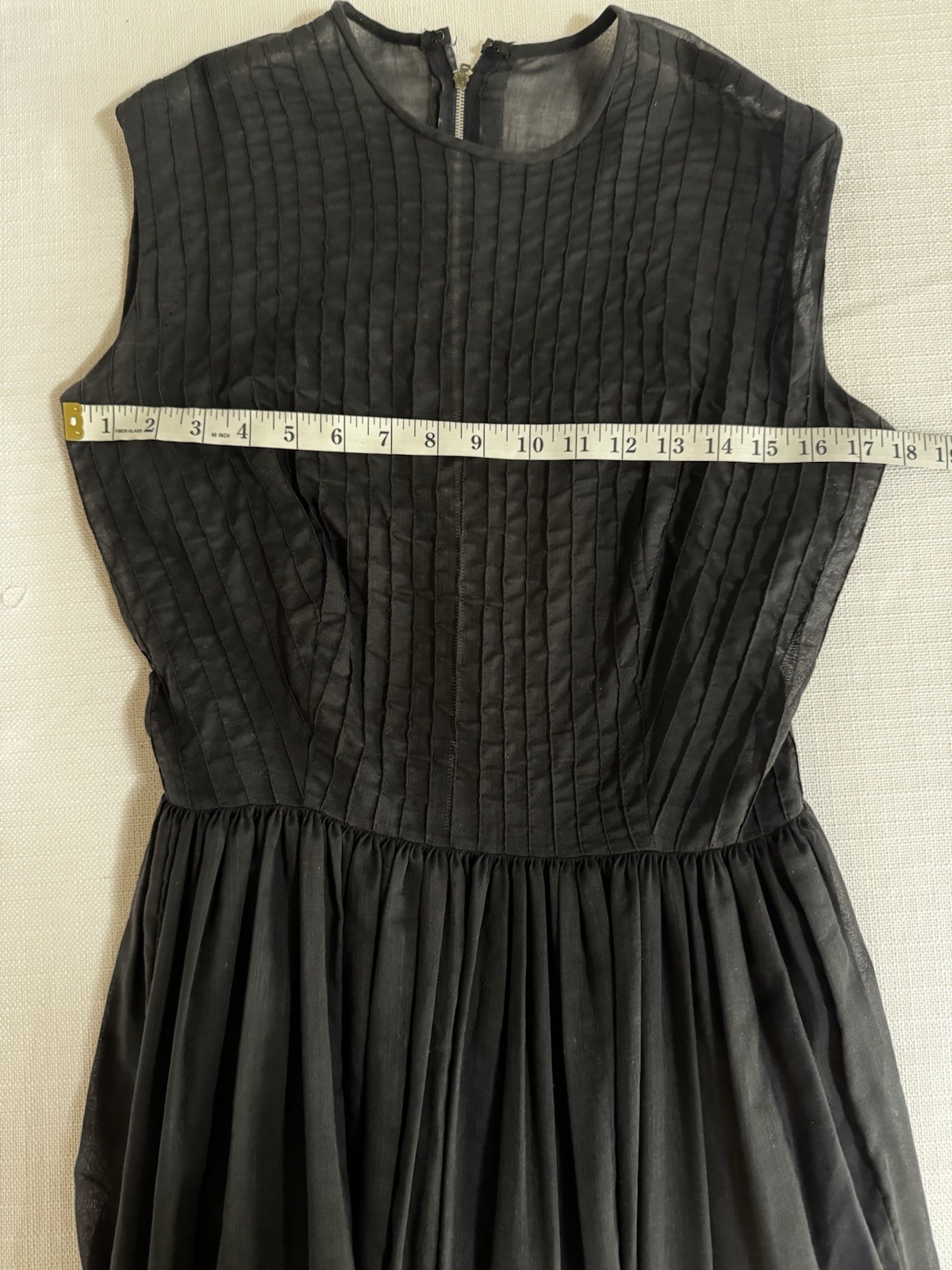 True Vintage 1950’s Black Sheer Cotton Mid Century Dress Pintuck Bodice M