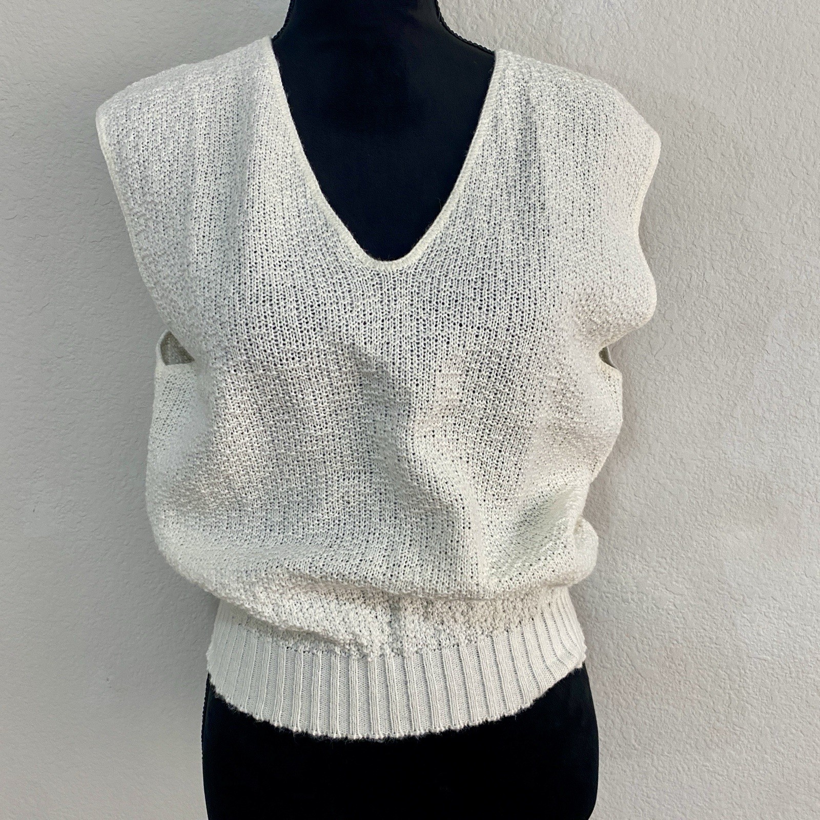 Vintage 80s Shirt Street Knit Sweater Vest White Pointelle V-Neck Made in USA