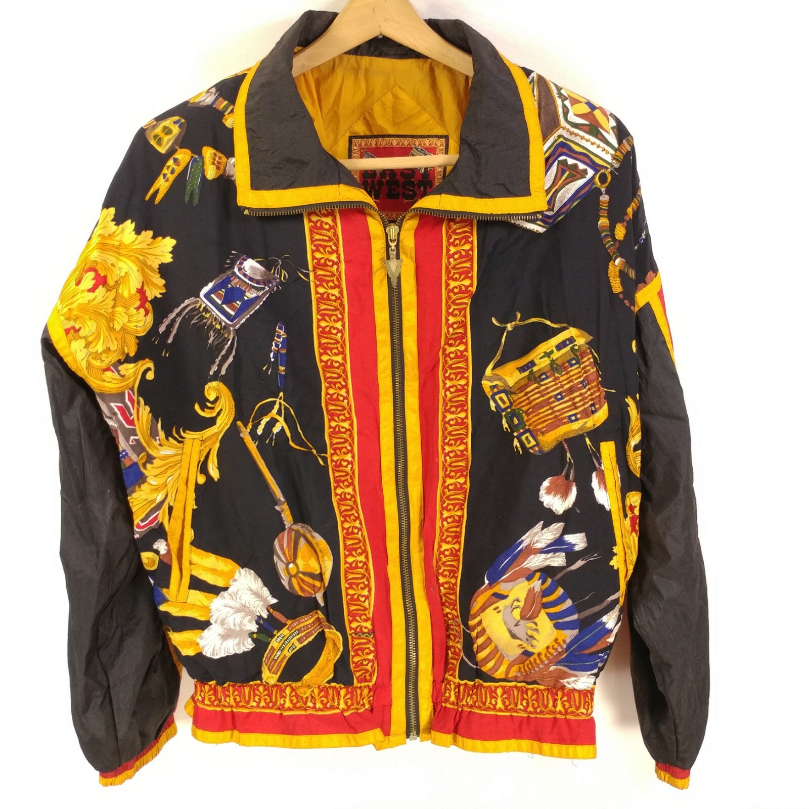 East West Sz Med 80s Women’s Track Jacket Red Black Gold Windbreaker Indian