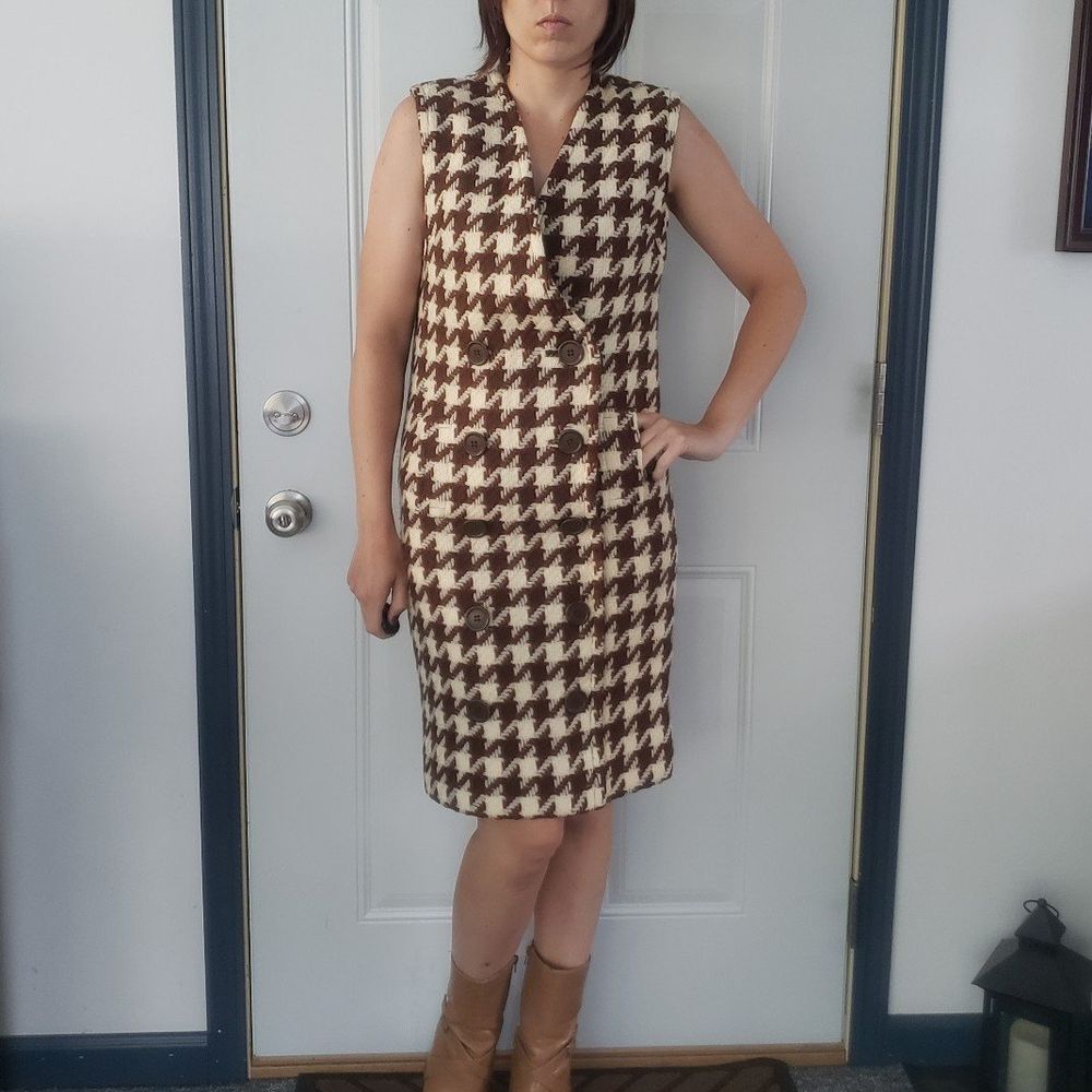 70s Brown and Cream Houndstooth Double Breasted Dress