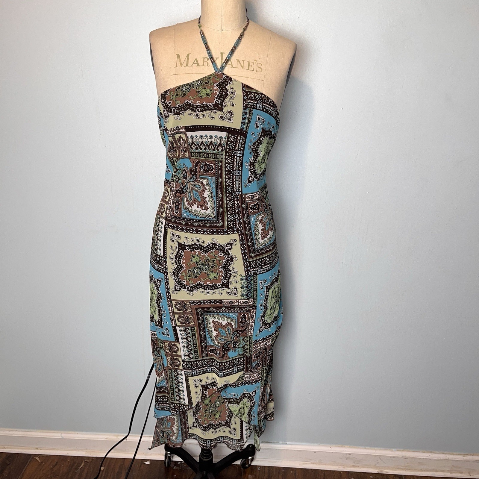 Vtg Y2K Paisley Patchwork Blue Brown Whimsy Fairy Halter Dress Asymmetric Hem 10