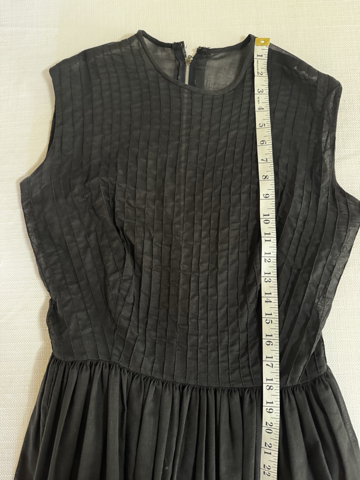 True Vintage 1950’s Black Sheer Cotton Mid Century Dress Pintuck Bodice M