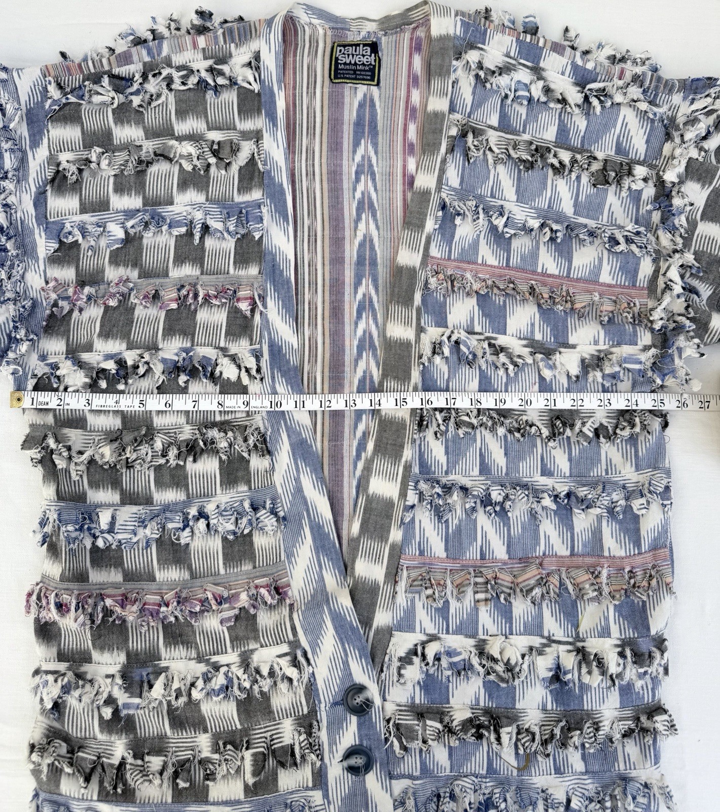 Paula Sweet Muslin Mink Ikat Lightweight Cotton Gray White Blue Jacket LARGE