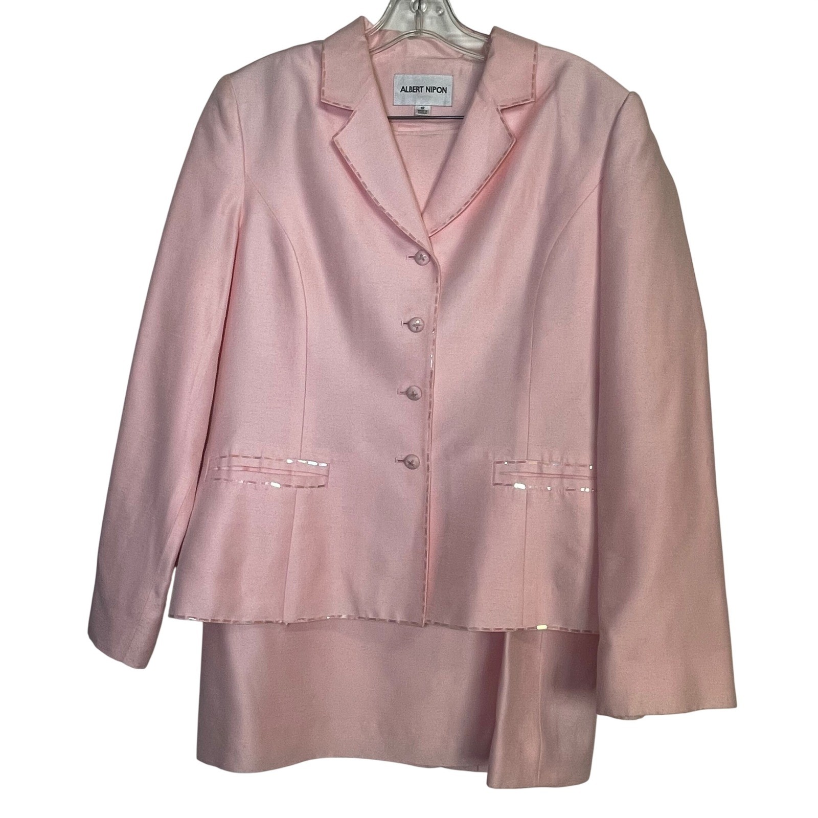 Albert Nipon Vintage Pink Skirt Suit Set Womens Size 14 Plastic Trim Blazer