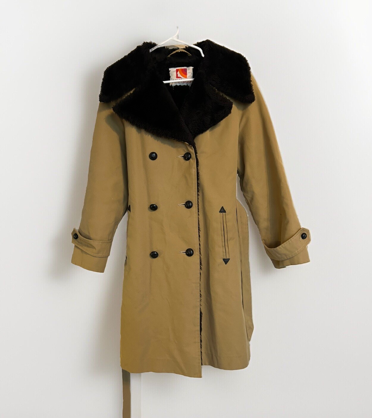 Vintage 70s Paul Harris Black Faux Fur Tan Button Trench Coat M Mod Retro Boho