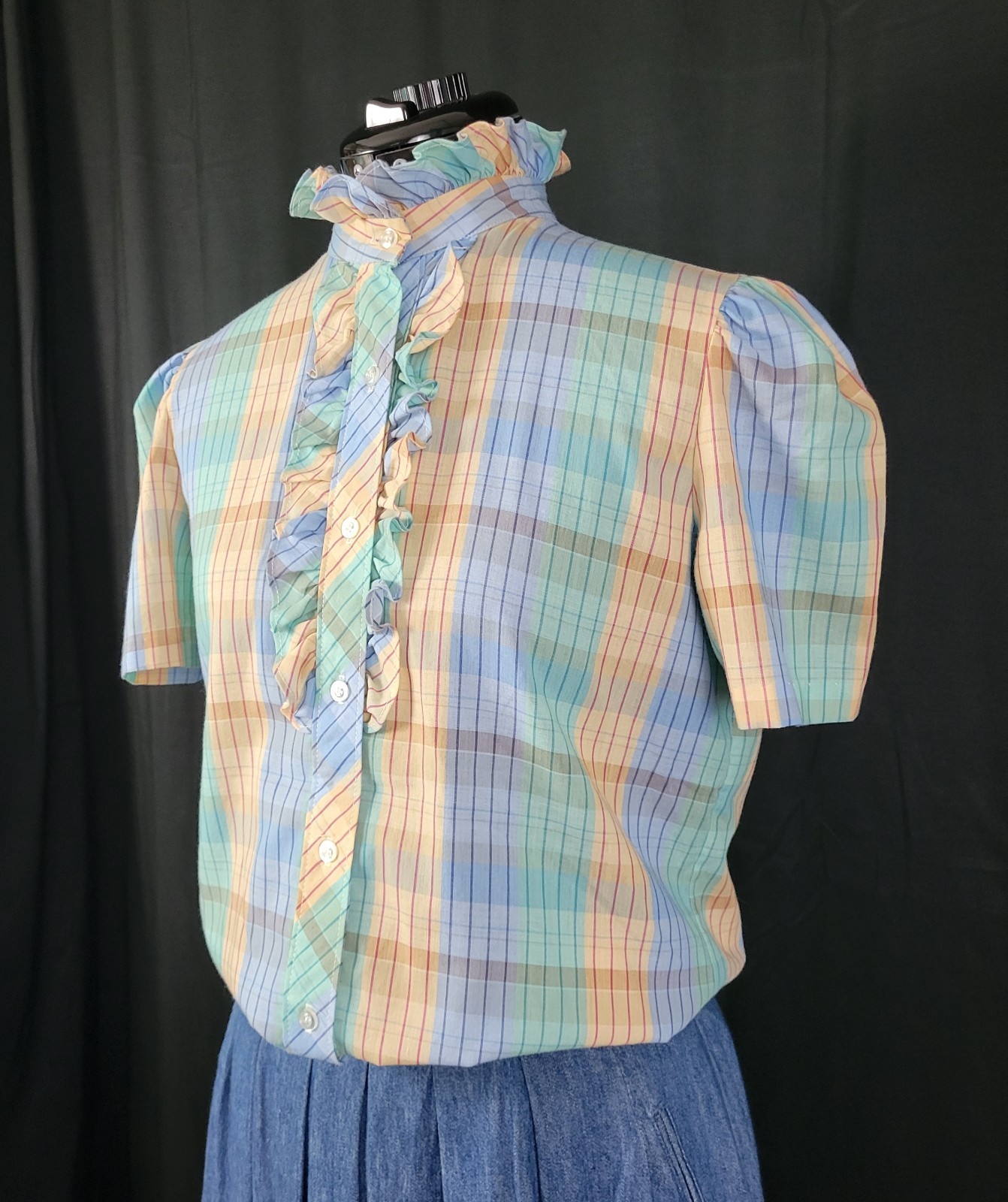 Vtg Lucky Winner Peach/Mint/Blue Plaid Top w Ruffled Collar Size 11/12
