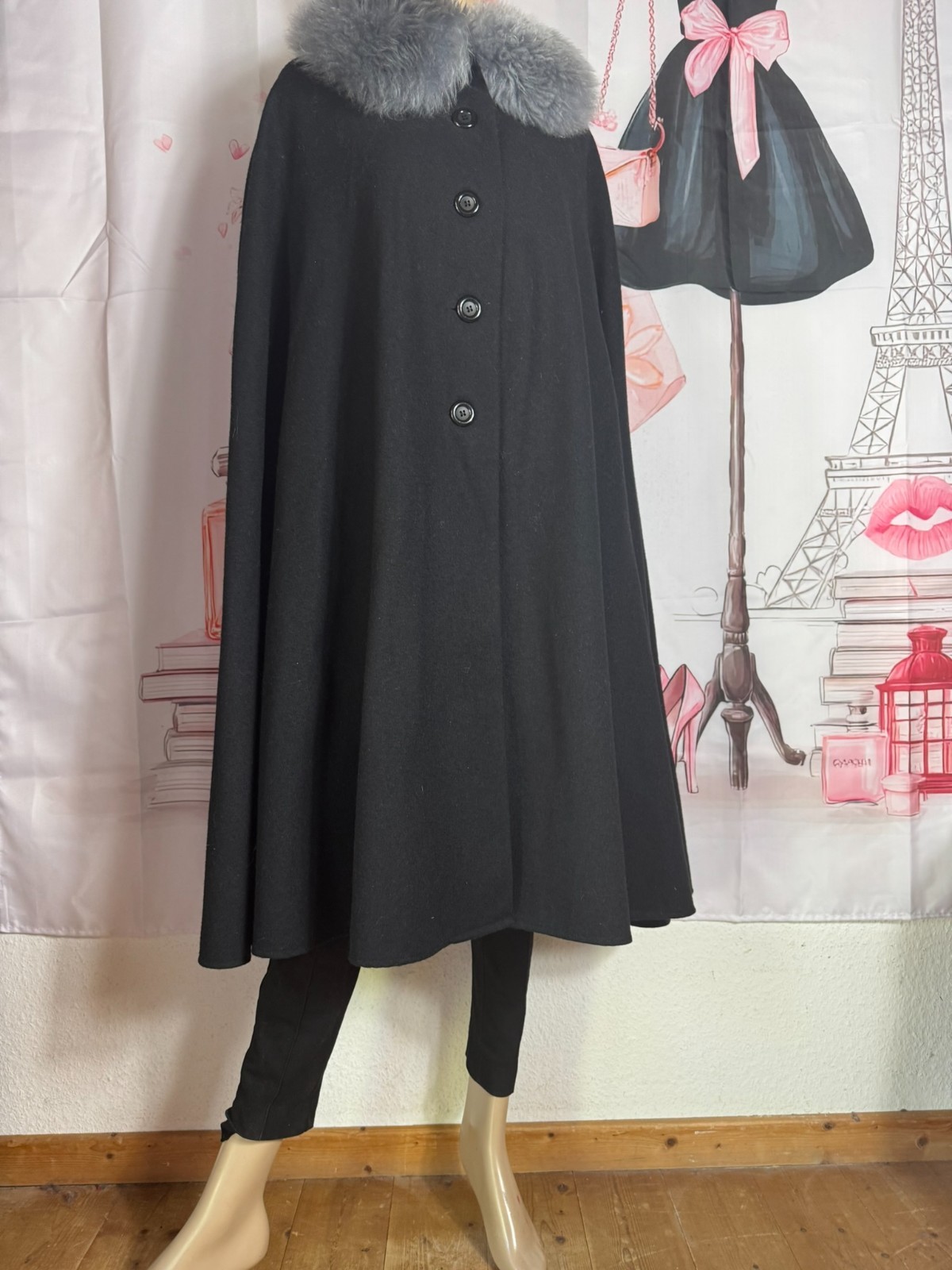 ✨ Vintage Couture Cape 60s Black Wool Cape Real Fur Collar Old Money XL