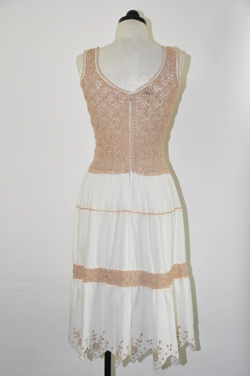 60s Beige White Sheer Crochet Knit Strappy Bohemian Peasant Sundress Women S M