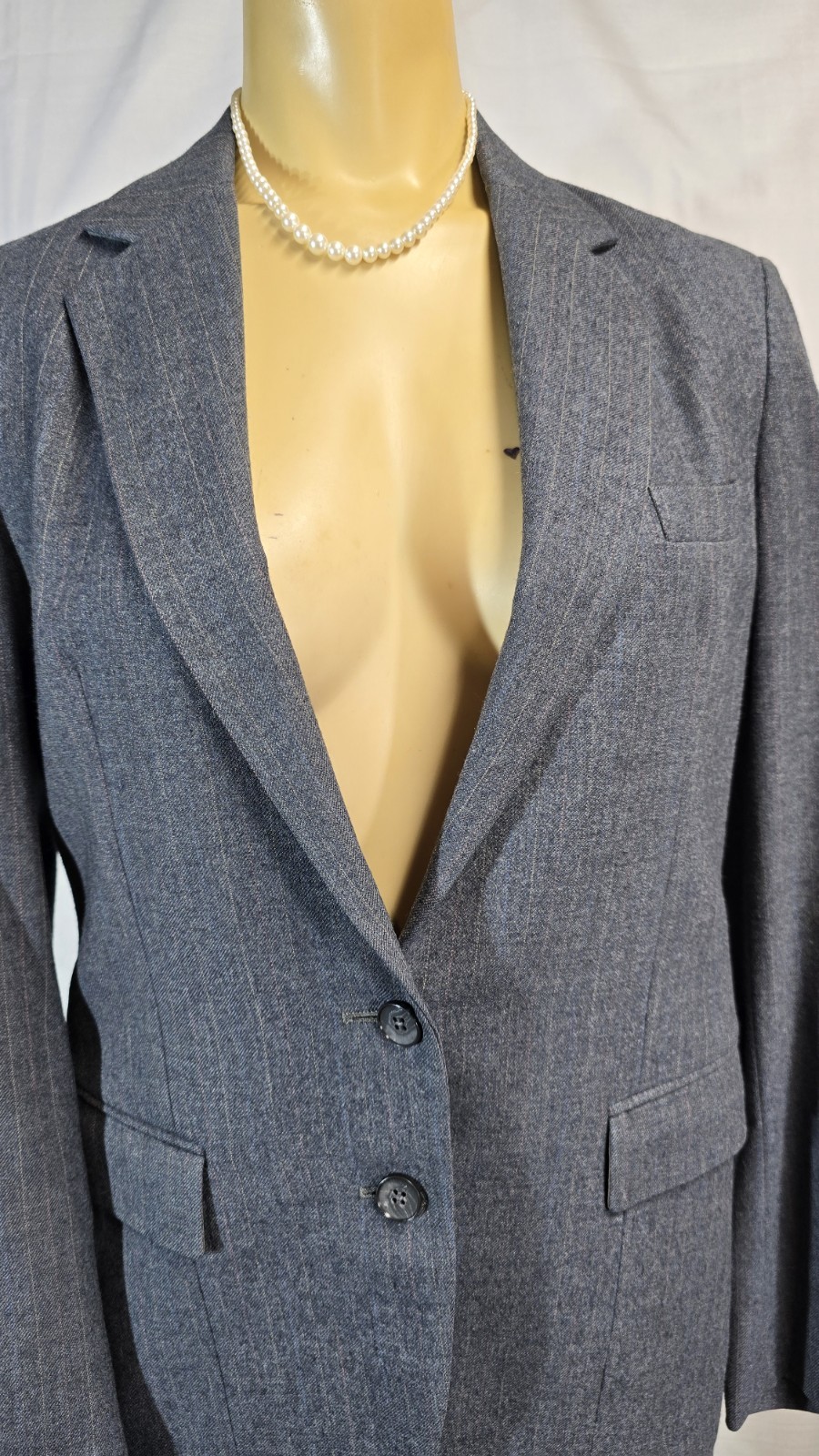 Anthony Allan Vinta Suit Skirt Jacket 2 Piece Set Grey Pink Pinstriped Sz 8 36