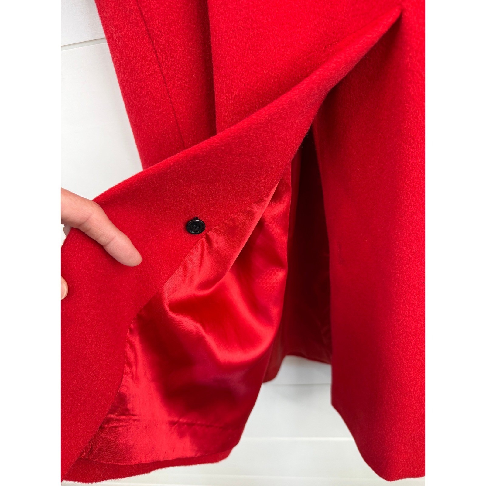 VINTAGE 80s Paul Levy Designs Wool Coat Women XL Red Faux Fur Trim Long Elegant