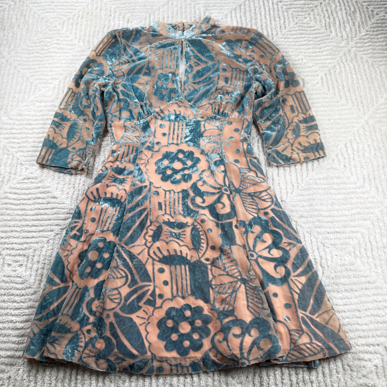 ASOS Dress 4 Velvet Burnout Mock Neck Teal Peach Retro 60s 70s Party Fairy Boho