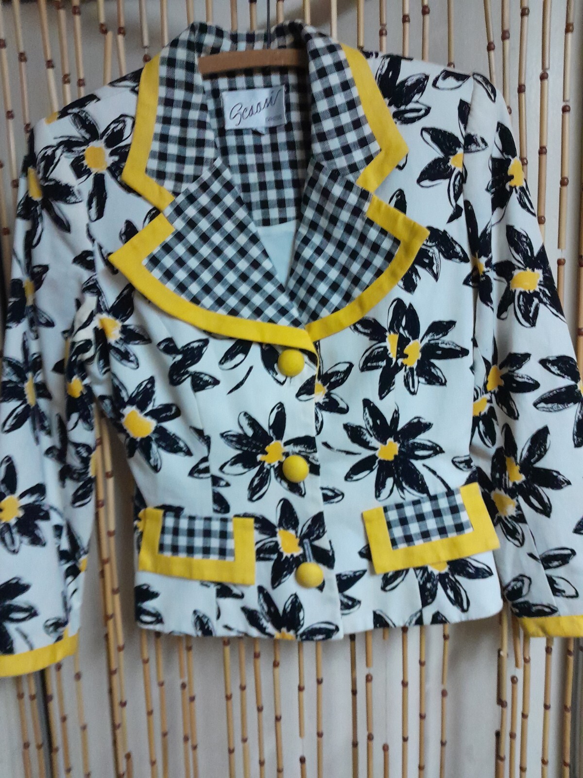 Vtg 80s 90s ARNOLD SCAASI gingham DAISY 2 Tone Print Jacket Blazer Fran Nanny M