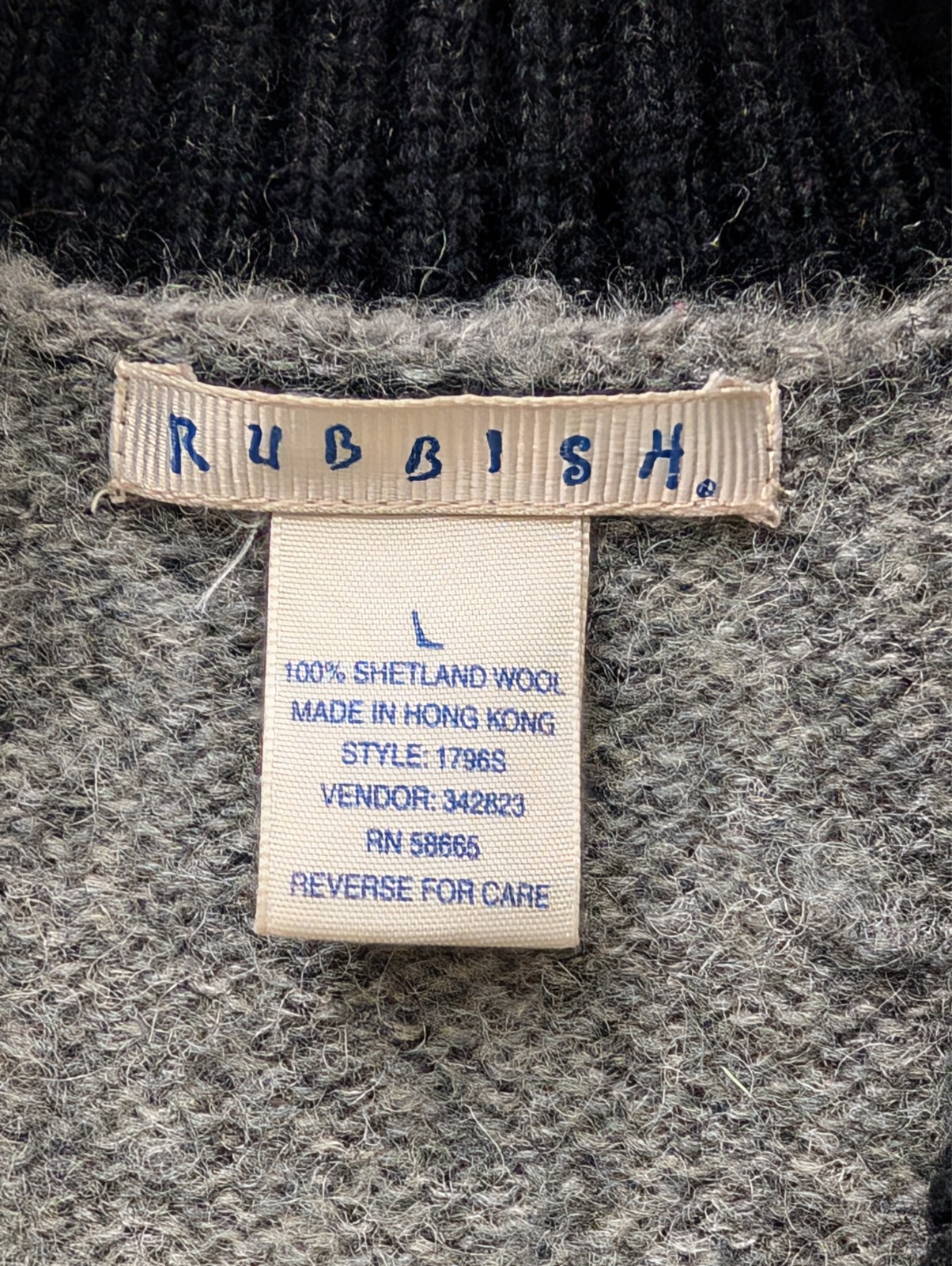 Vintage Rubbish 100% Shetland Wool Women’s Cardigan L Gray/Black Button Down