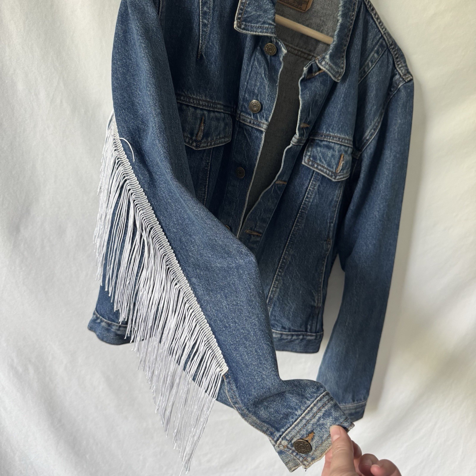Vintage 80s Denim Jacket With White Fringe by Plain Pockets