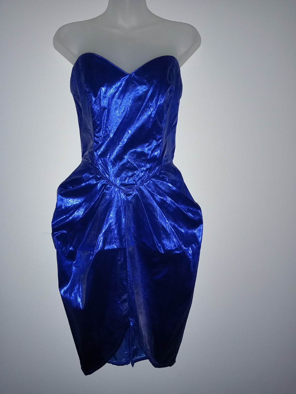Vtg 80s Couture L.A. GLO dress metallic blue strapless bodycon peplum boning