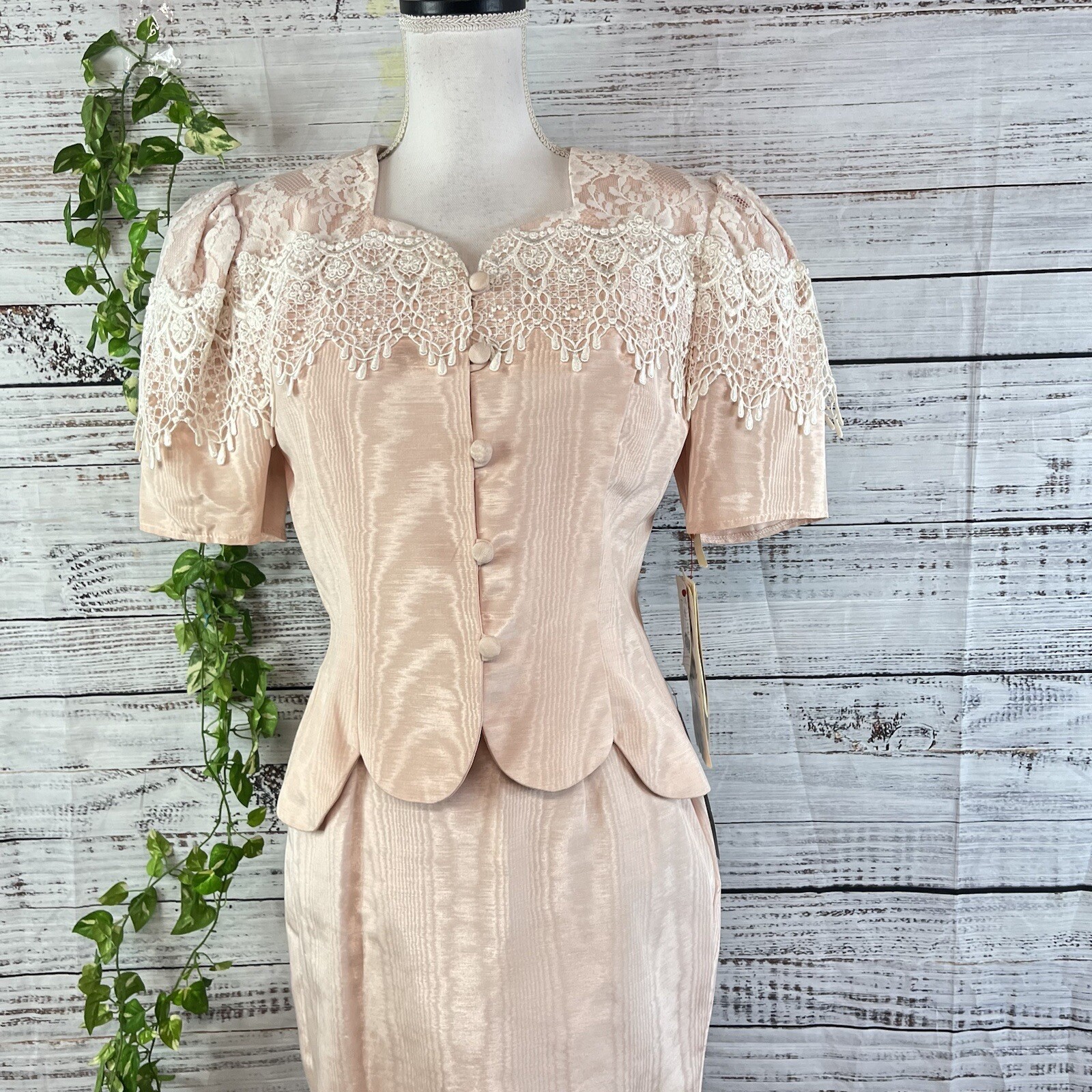 Scott McClintock 80s Vintage Pink Taffeta Lace Skirt Suit Size 8 Wedding Prom