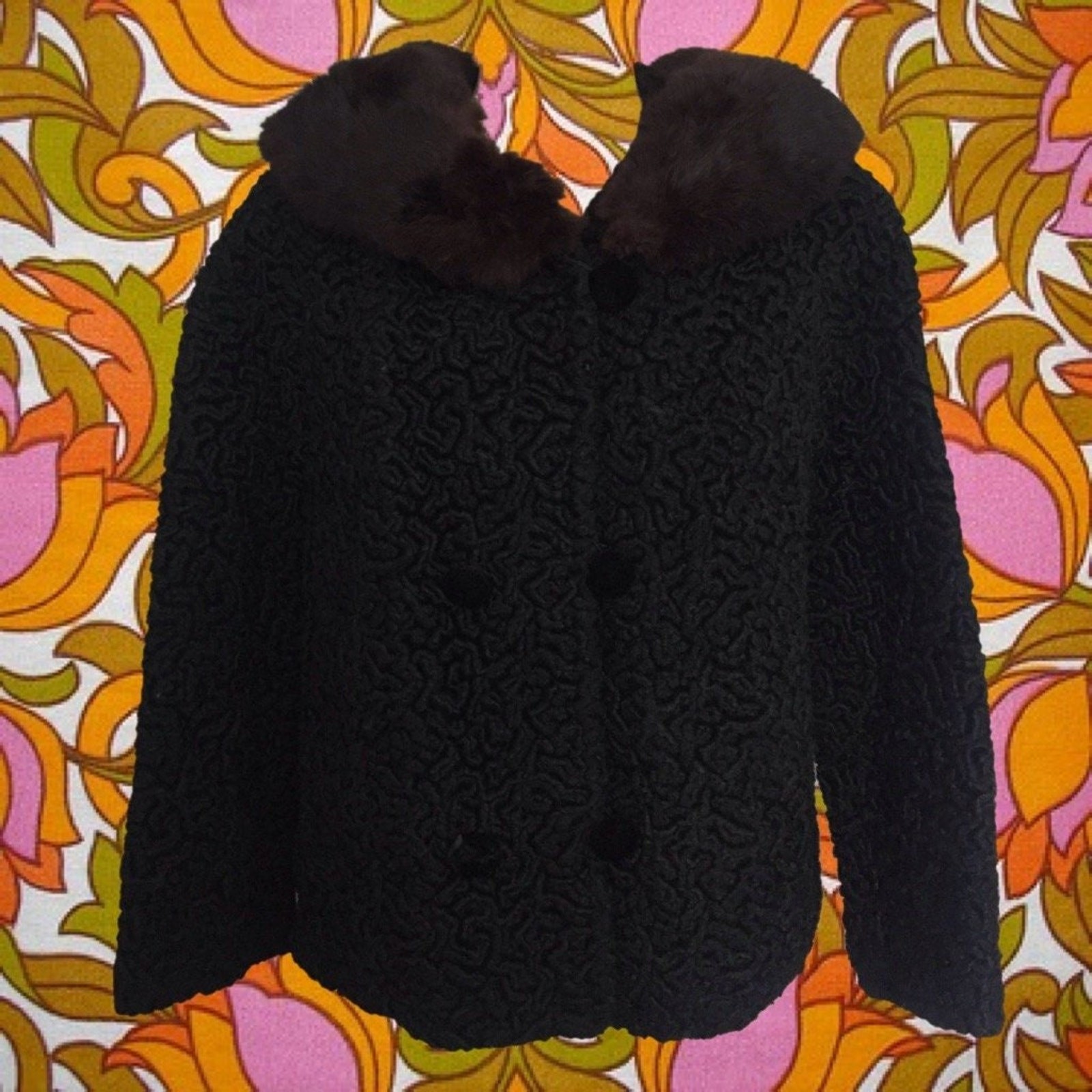 Vintage 1960’s Persian Lamb Jacket with Brown Fur Collar • Double-Breasted