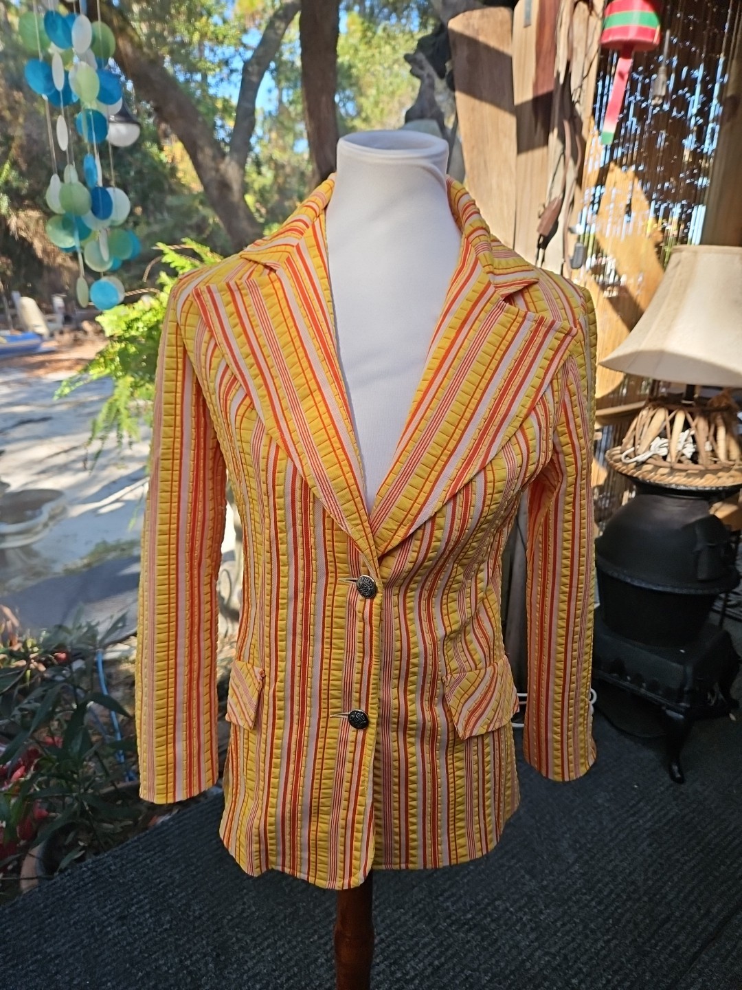 Sears Vintage 70s Shirt Jacket WIDE LAPEL Perma Prest Red/Yellow Striped Sz S/M