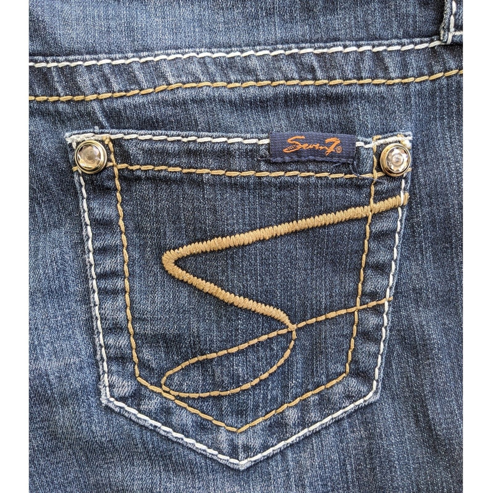 RARE Vintage Seven7 Crystal Embellished TULIP Flare Low Rise Topstitch Jeans 28