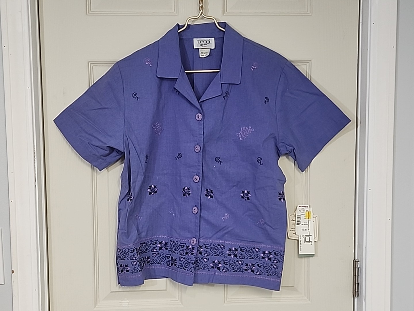 Vtg Teddi Petite Women’s Medium Button Shirt Short Sleeve Purple Floral ~ NWT