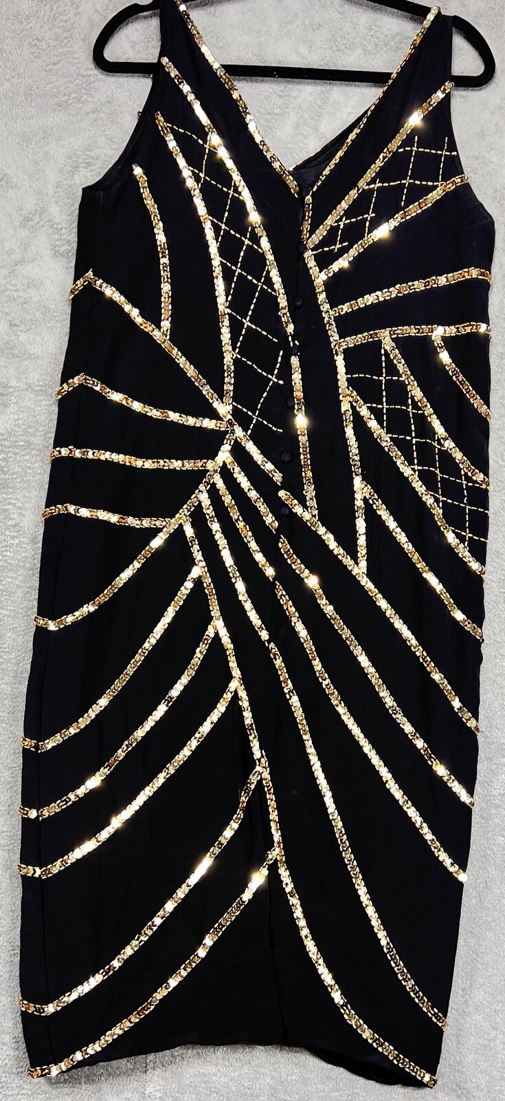 Sho Max 100% Silk Black Gold Sequin Dress Flower Design V Neck Women’s Large