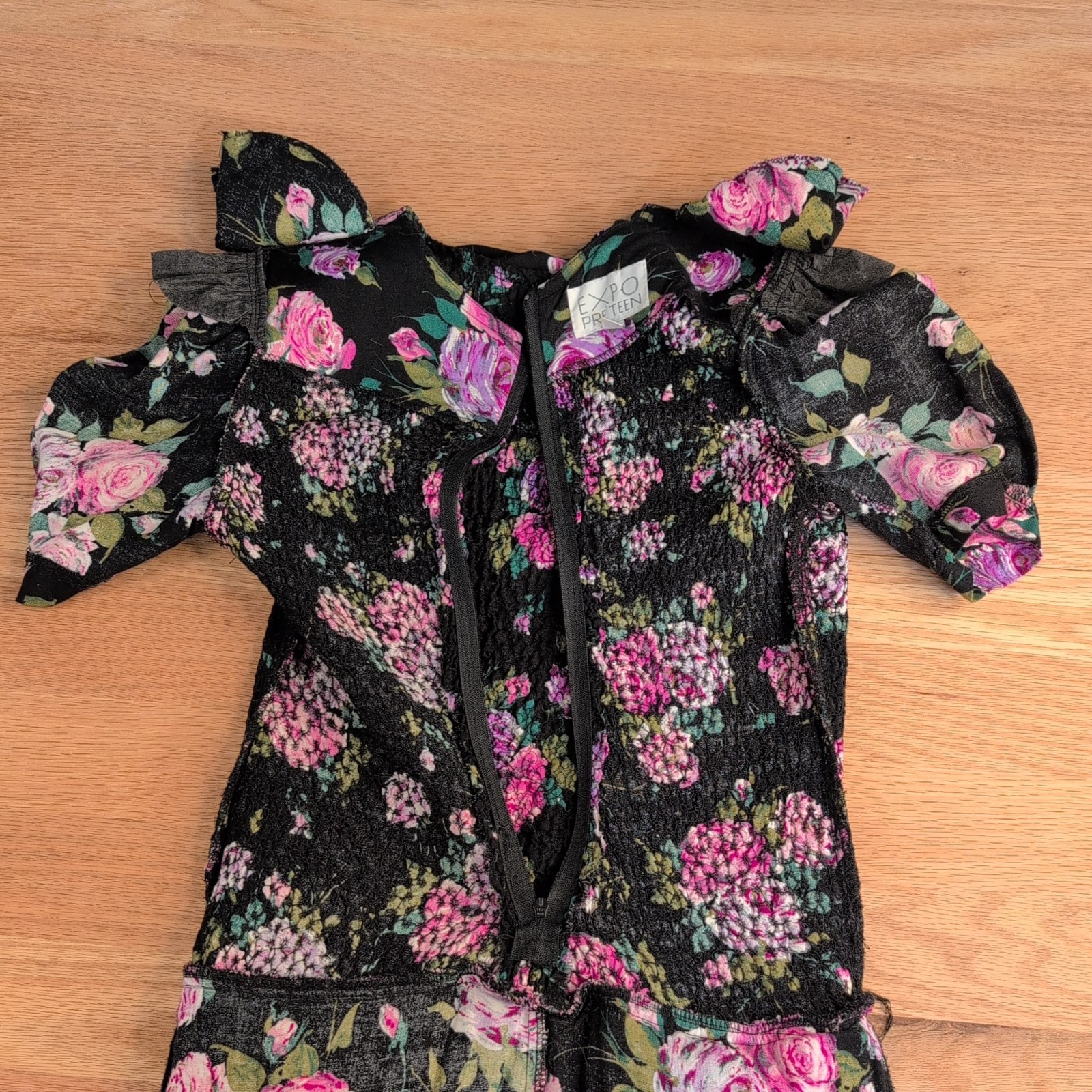 VTG Expo 90s Dress Women 2 Romance Floral Cottagecore Smocked Puff Sleeve Ruffle