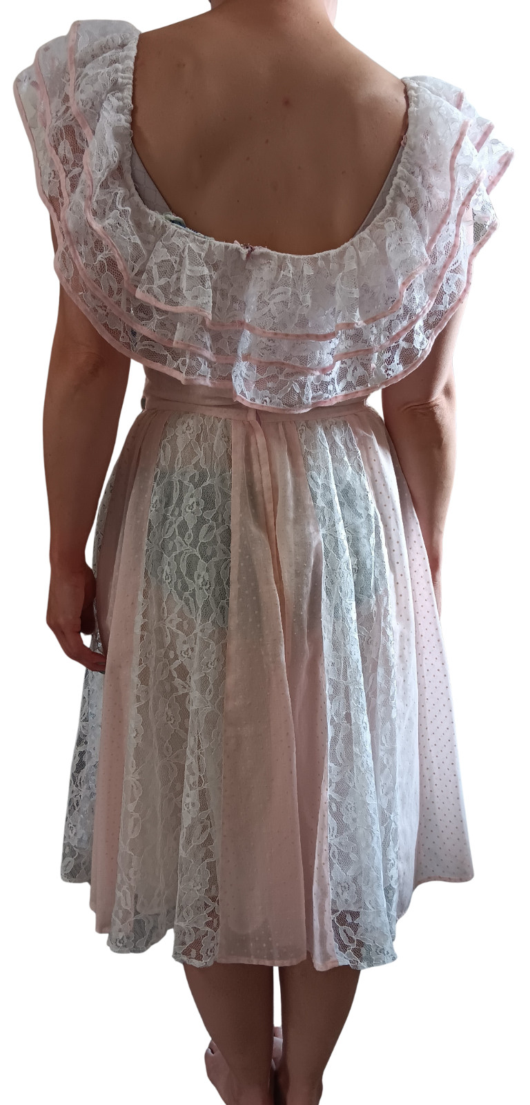 Vintage Pink Swiss Dot Lace Dress Cottagecore Prairie Frilly Dress Lolita 80s