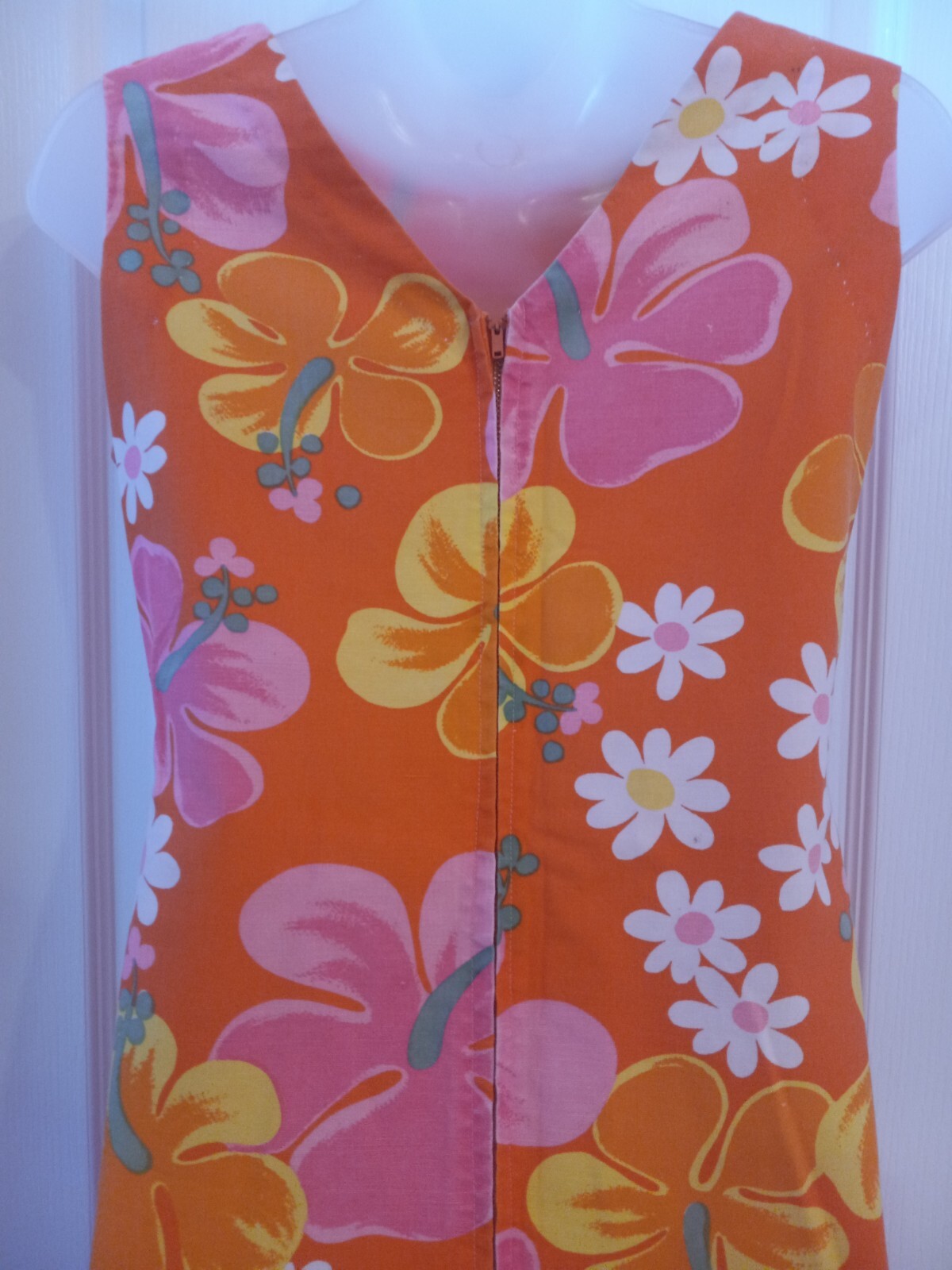Vintage 60s Hawaiian Psychedelic Orange Floral Tiki Oasis Ruffled Skirt Dress SM