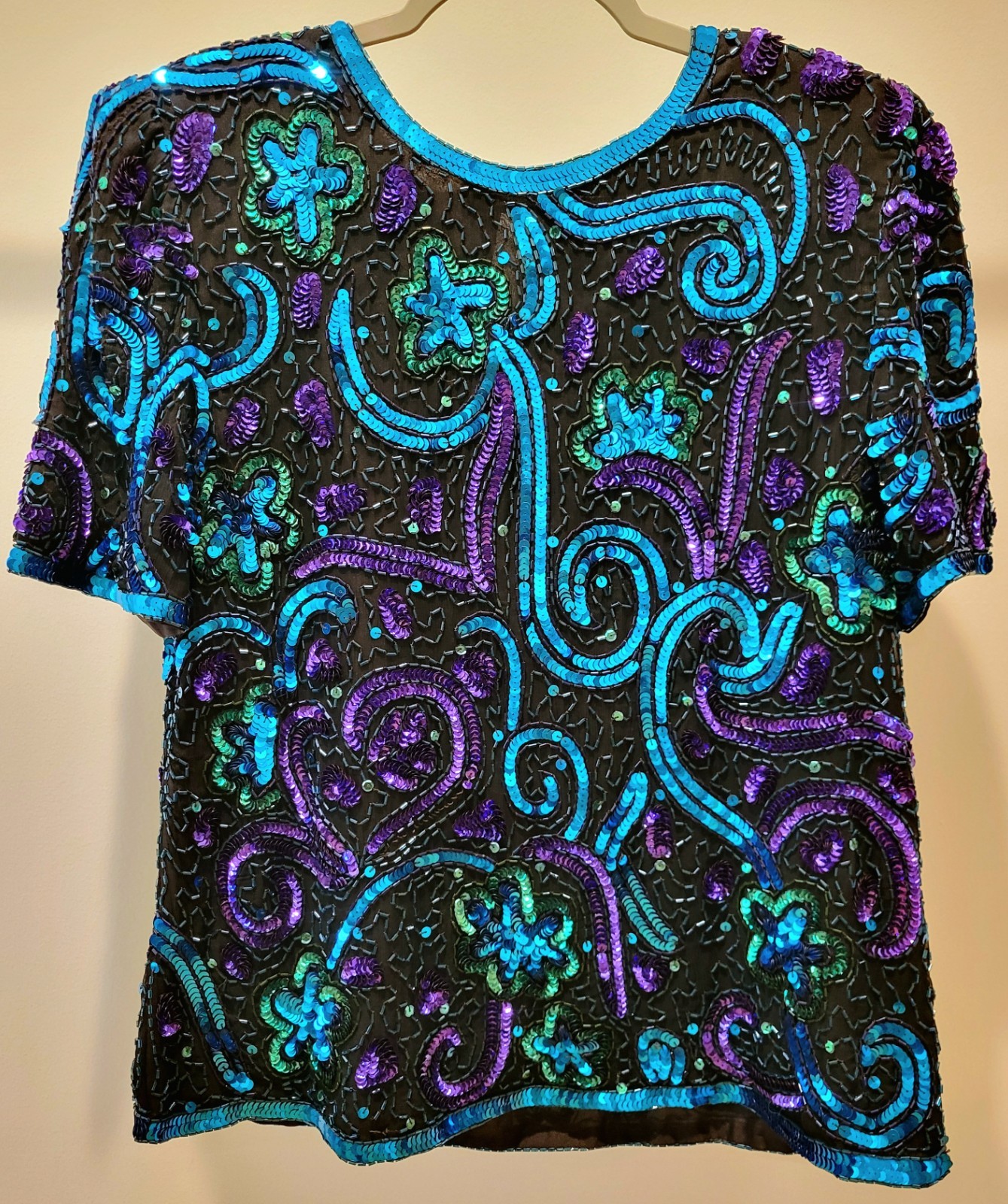 100% SILK Laurence Kazar Vintage Beaded/Sequined Embellished Blouse Blk/Blu PL